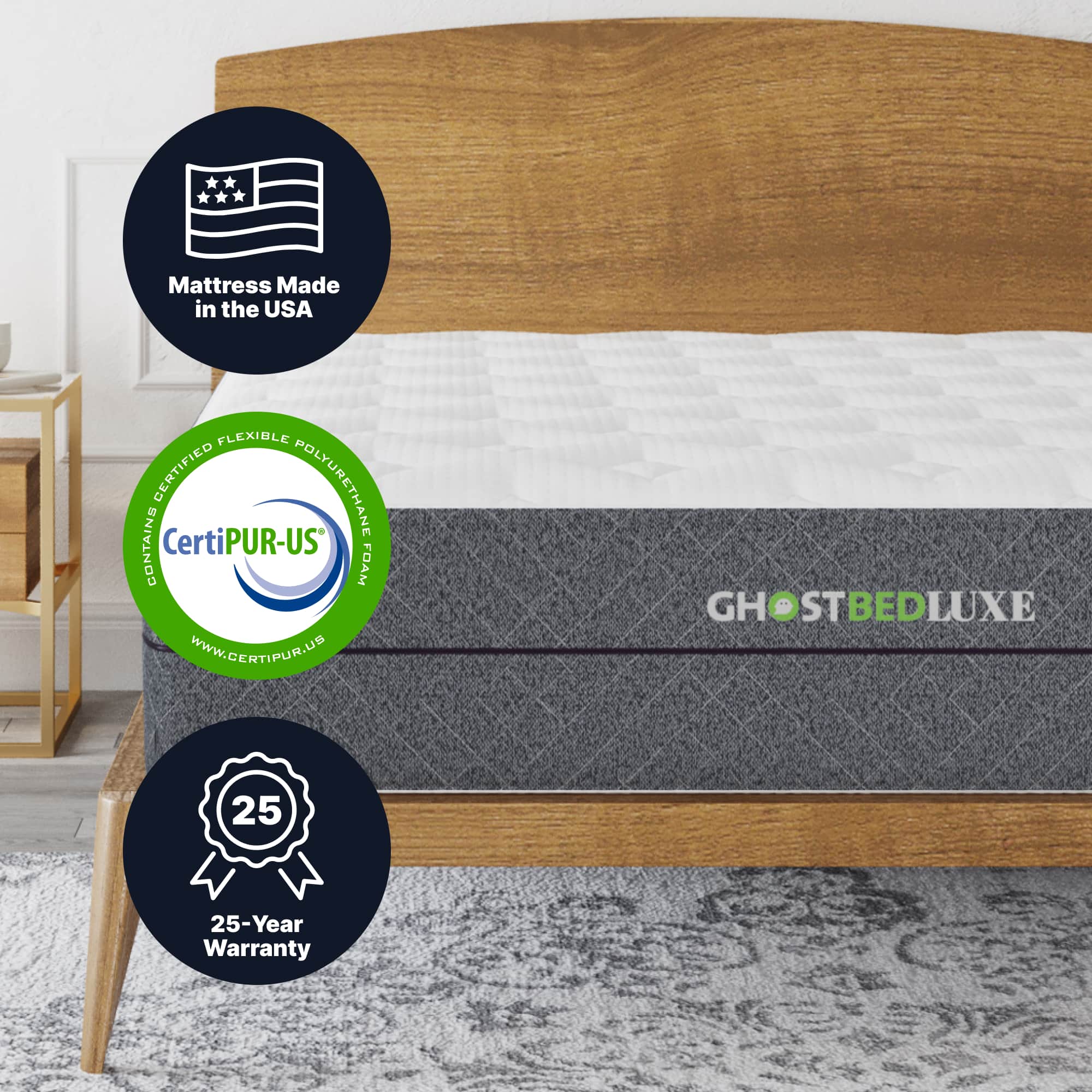 The image features a wooden bed frame with a mattress on top of it. The mattress is made in the USA and contains CertiPUR-US foam, which is a certified flexible polyurethane foam. The mattress is also certified by CertiPUR-US, indicating that it meets their standards for safety and quality. The bed frame is part of the Ghostbed Luxe collection, which comes with a 25-year warranty.