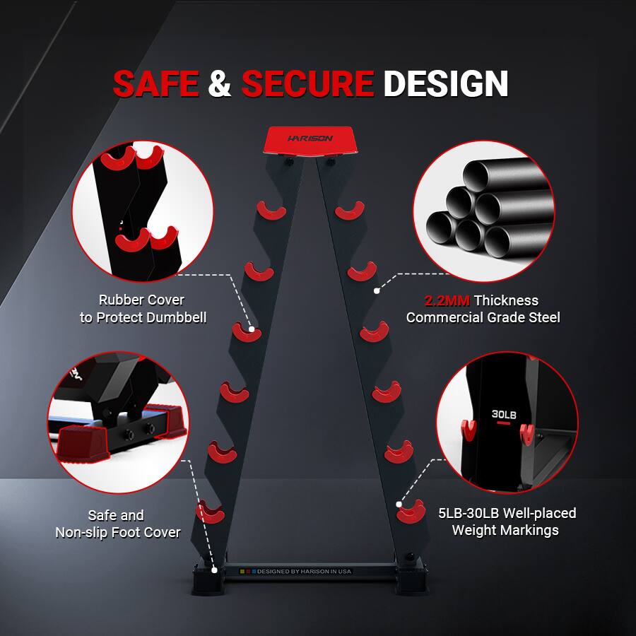 SAFE & SECURE DESIGN

- Rubber Cover to Protect Dumbbell
- 2.2MM Thickness Commercial Grade Steel
- Safe and Non-slip Foot Cover
- 5LB-30LB Well-placed Weight Markings

DESIGNED BY HARISON IN USA