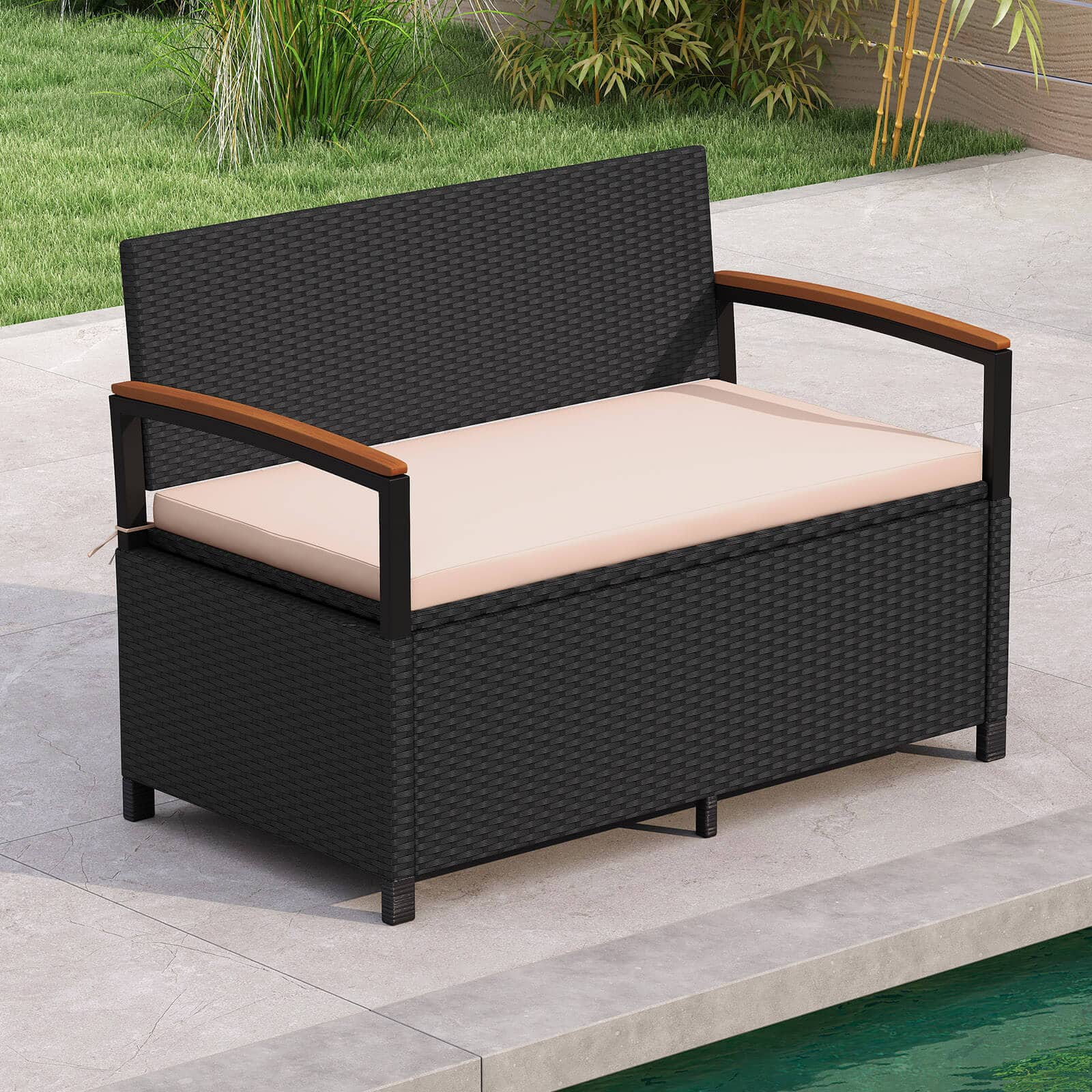 Costway - Outdoor Storage Bench with Cushion Backrest & Acacia Wood Armrests Hidden Storage - Mix Black + Beige