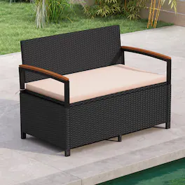 Costway - Outdoor Storage Bench with Cushion Backrest & Acacia Wood Armrests Hidden Storage - Mix Black + Beige