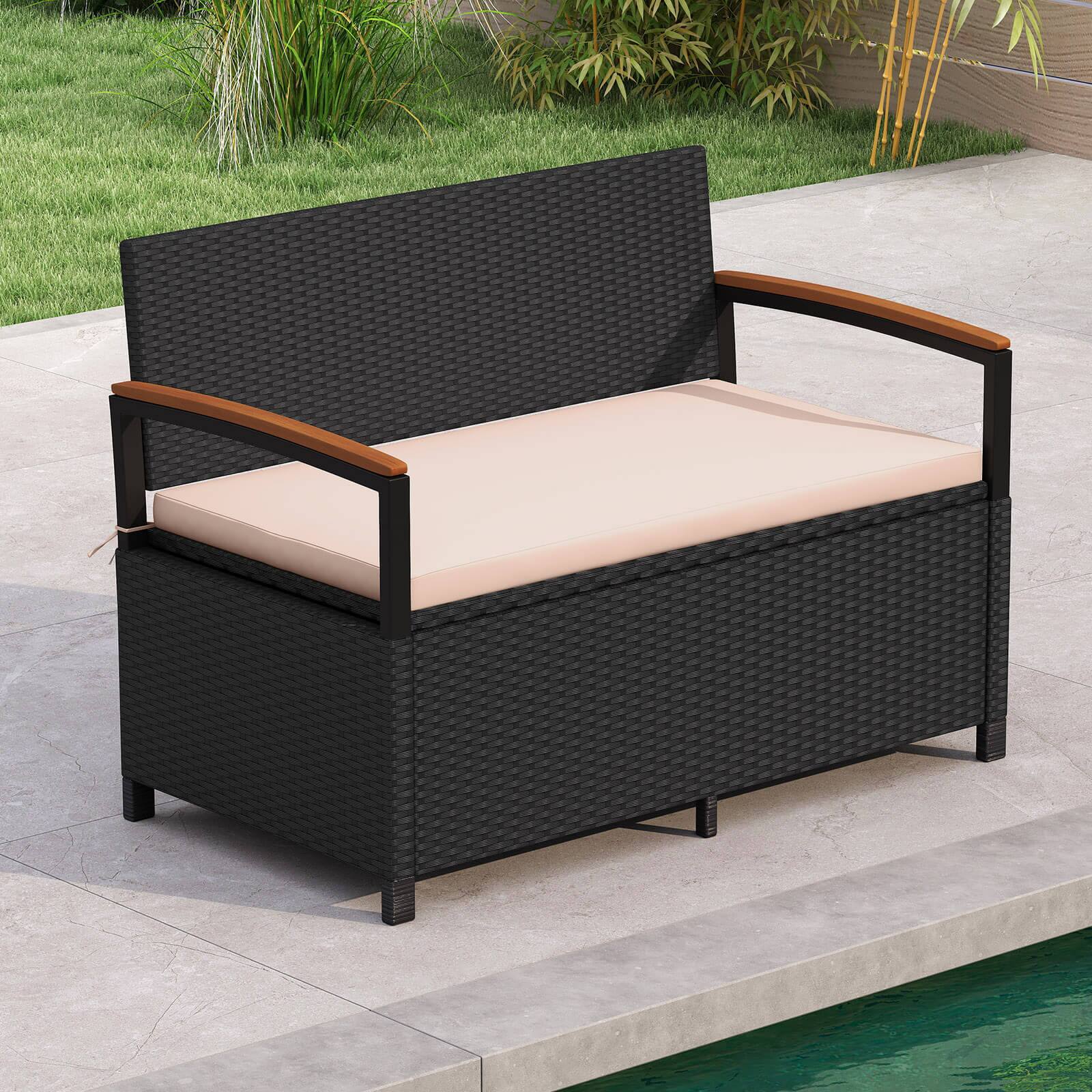 Alt View 1. Costway - Costway Outdoor Storage Bench with Cushion Backrest & Acacia Wood Armrests Hidden Storage - Black + Beige.