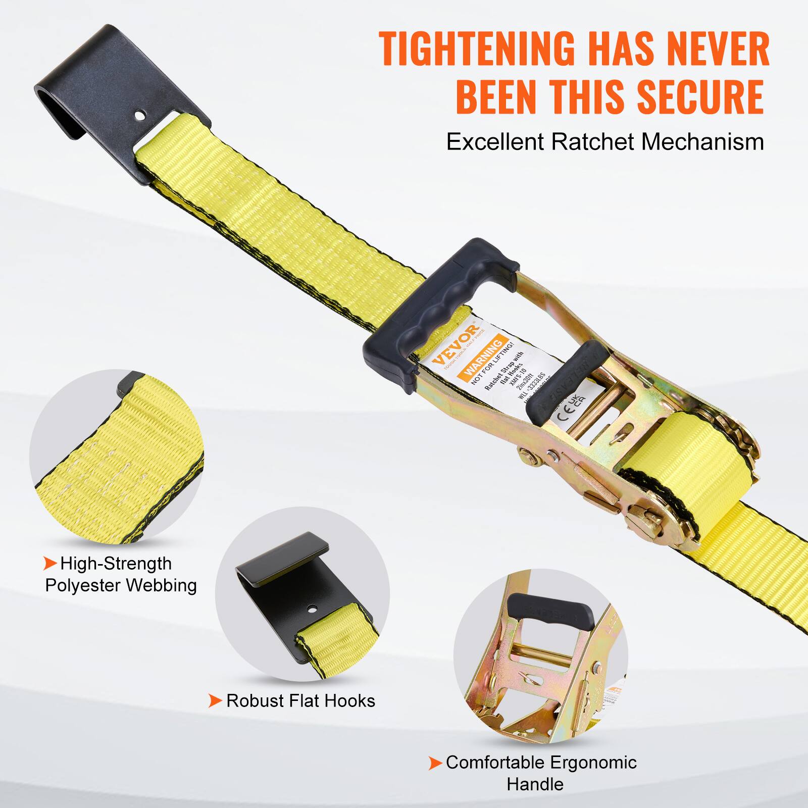 TIGHTENING HAS NEVER BEEN THIS SECURE  
Excellent Ratchet Mechanism

- High-Strength Polyester Webbing
- Robust Flat Hooks
- Comfortable Ergonomic Handle