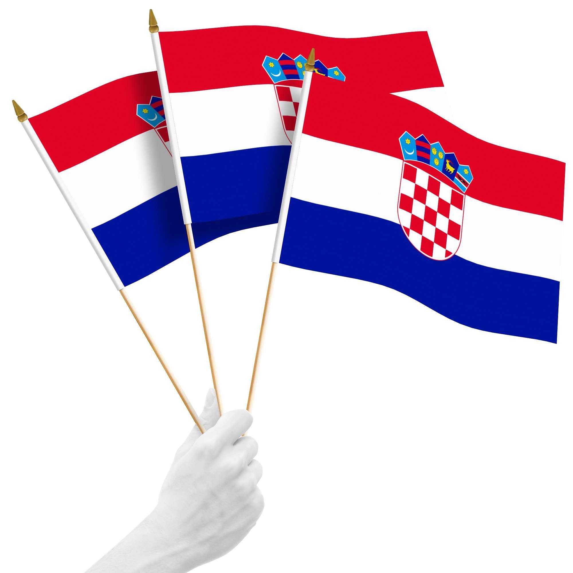 Front. G128 - 10-Pack 12 x 18 in Croatia Handheld Stick Flags - Red, White, Blue.