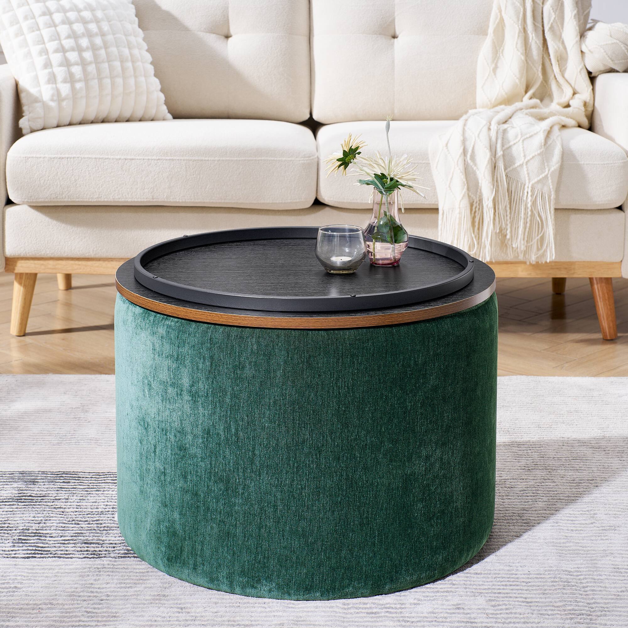 Alt View 1. GOODSILO - 2-Piece Round Storage Ottoman Set with Hidden Storage and Detachable Stool, Classic Design for Living Room and Bedroom - Dark Green.