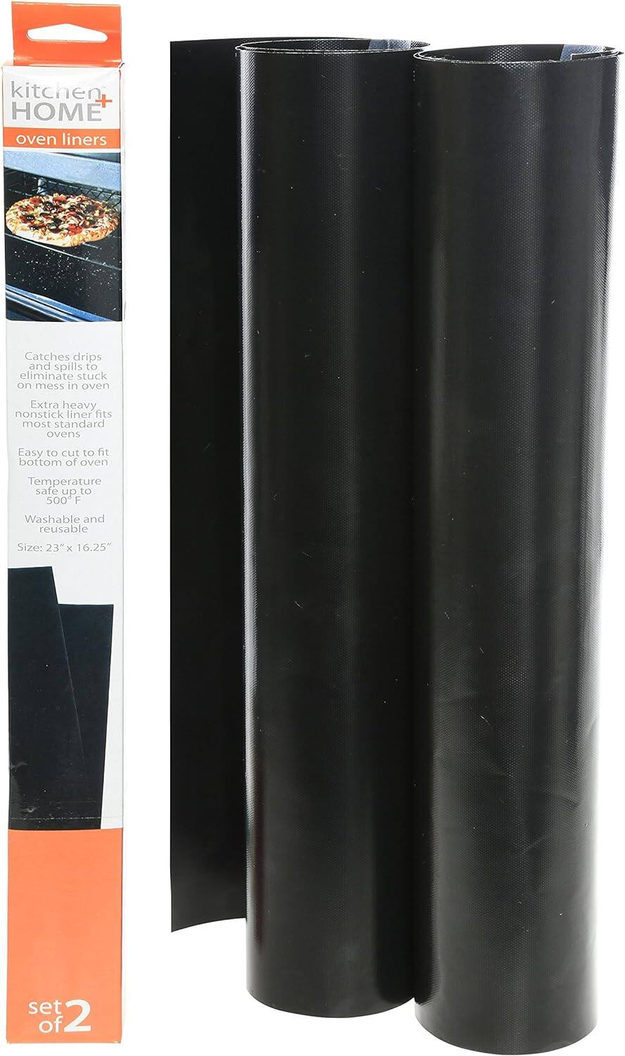 kitchen + HOME  
oven liners  

Catches drips and spills to eliminate stuck on mess in oven  
Extra heavy nonstick liner fits most standard ovens  
Easy to cut to fit bottom of oven  
Temperature safe up to 500°F  
Washable and reusable  
Size: 23" x 16.25"  
set of 2