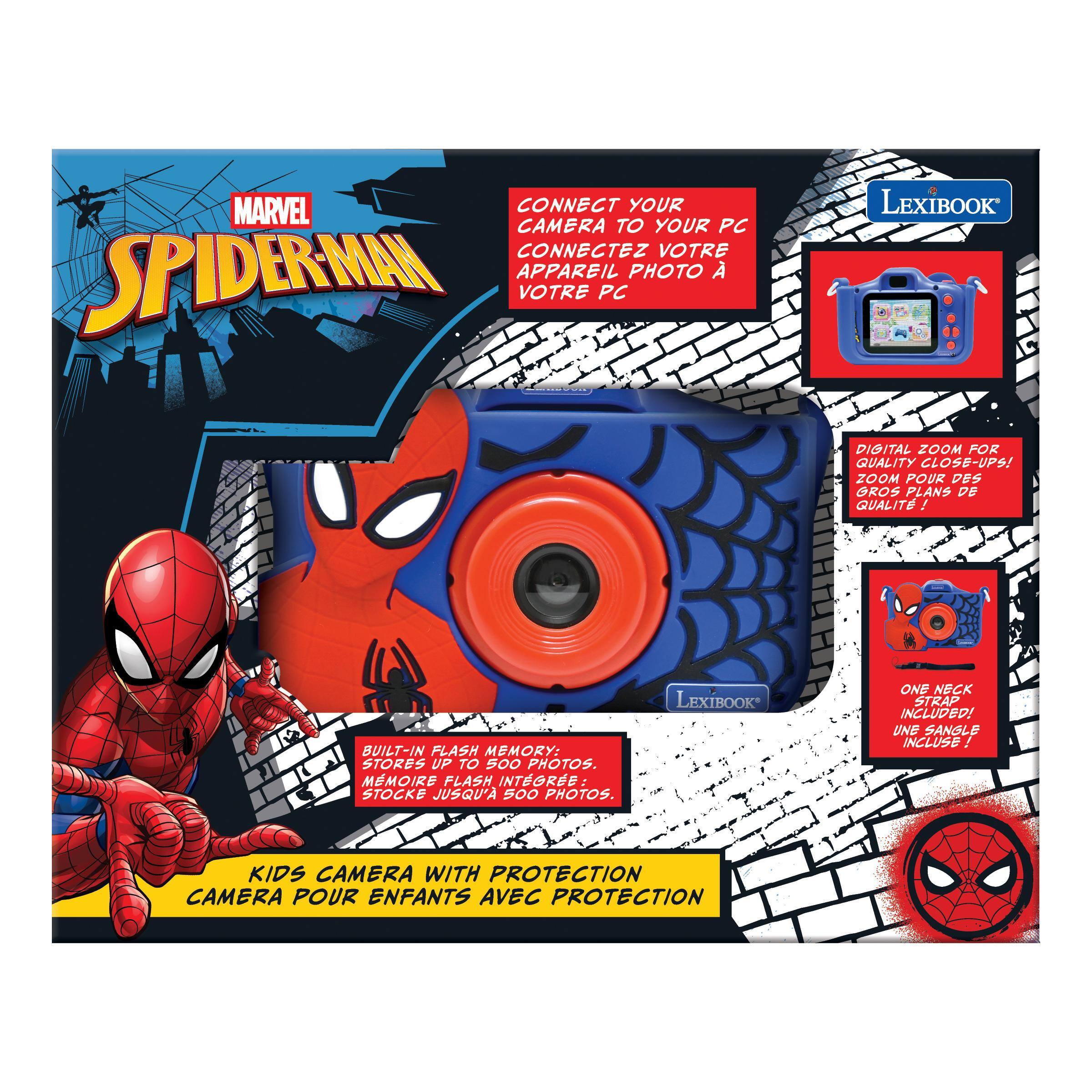 MARVEL SPIDER-MAN

LEXIBOOK

CONNECT YOUR CAMERA TO YOUR PC  
CONNECTEZ VOTRE APPAREIL PHOTO À VOTRE PC

DIGITAL ZOOM FOR QUALITY CLOSE-UPS!  
ZOOM POUR DES GROS PLANS DE QUALITÉ!

BUILT-IN FLASH MEMORY: STORES UP TO 500 PHOTOS.  
MÉMOIRE FLASH INTÉGRÉE: STOCKE JUSQU'À 500 PHOTOS.

ONE NECK STRAP INCLUDED!  
UNE SANGLE INCLUSE!

KIDS CAMERA WITH PROTECTION  
CAMERA POUR ENFANTS AVEC PROTECTION