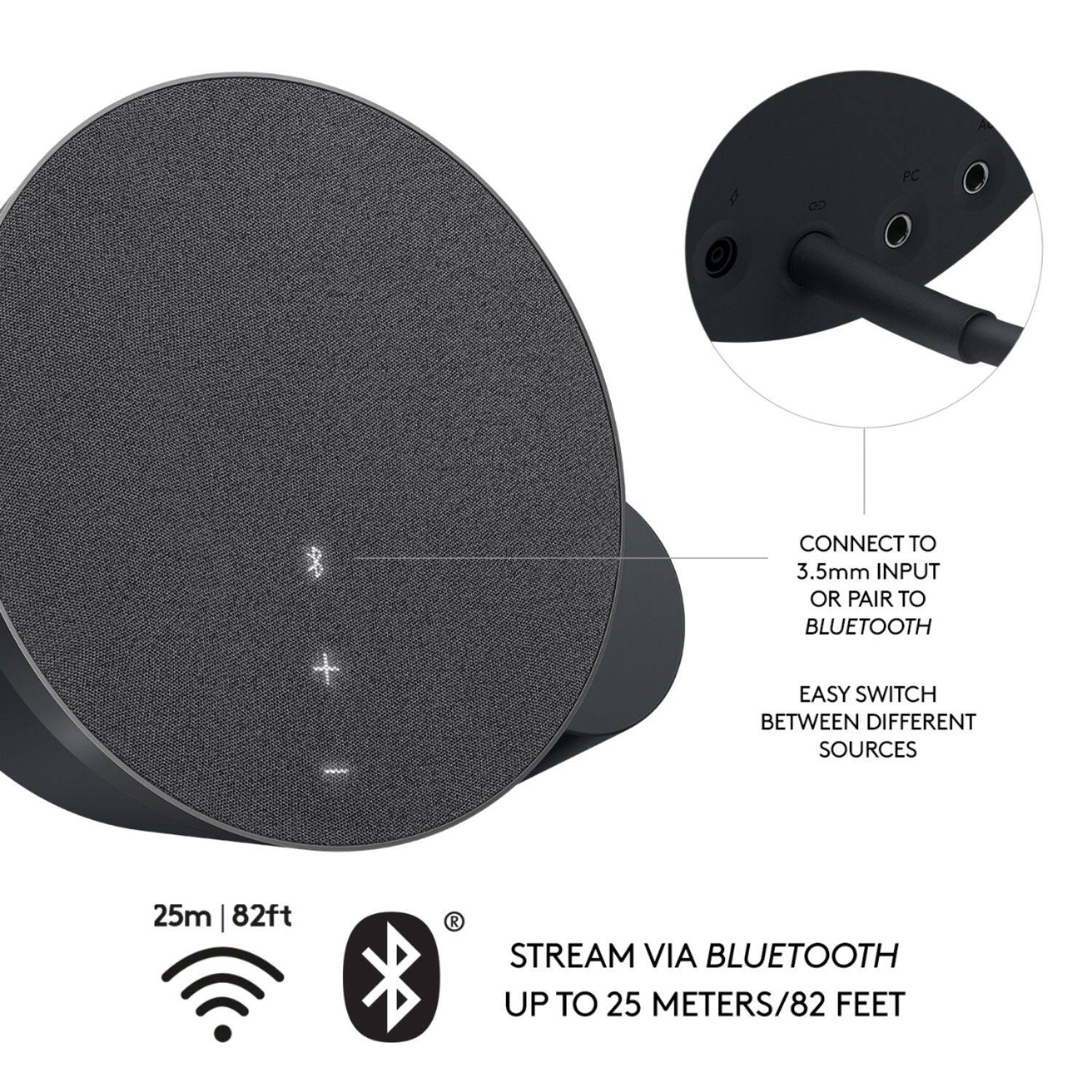 The text on the image is grouped and corrected as follows:
"A PC can connect to a 3.5mm input or pair to Bluetooth for easy switching between different sources. Stream via Bluetooth up to 25 meters/82 feet."
