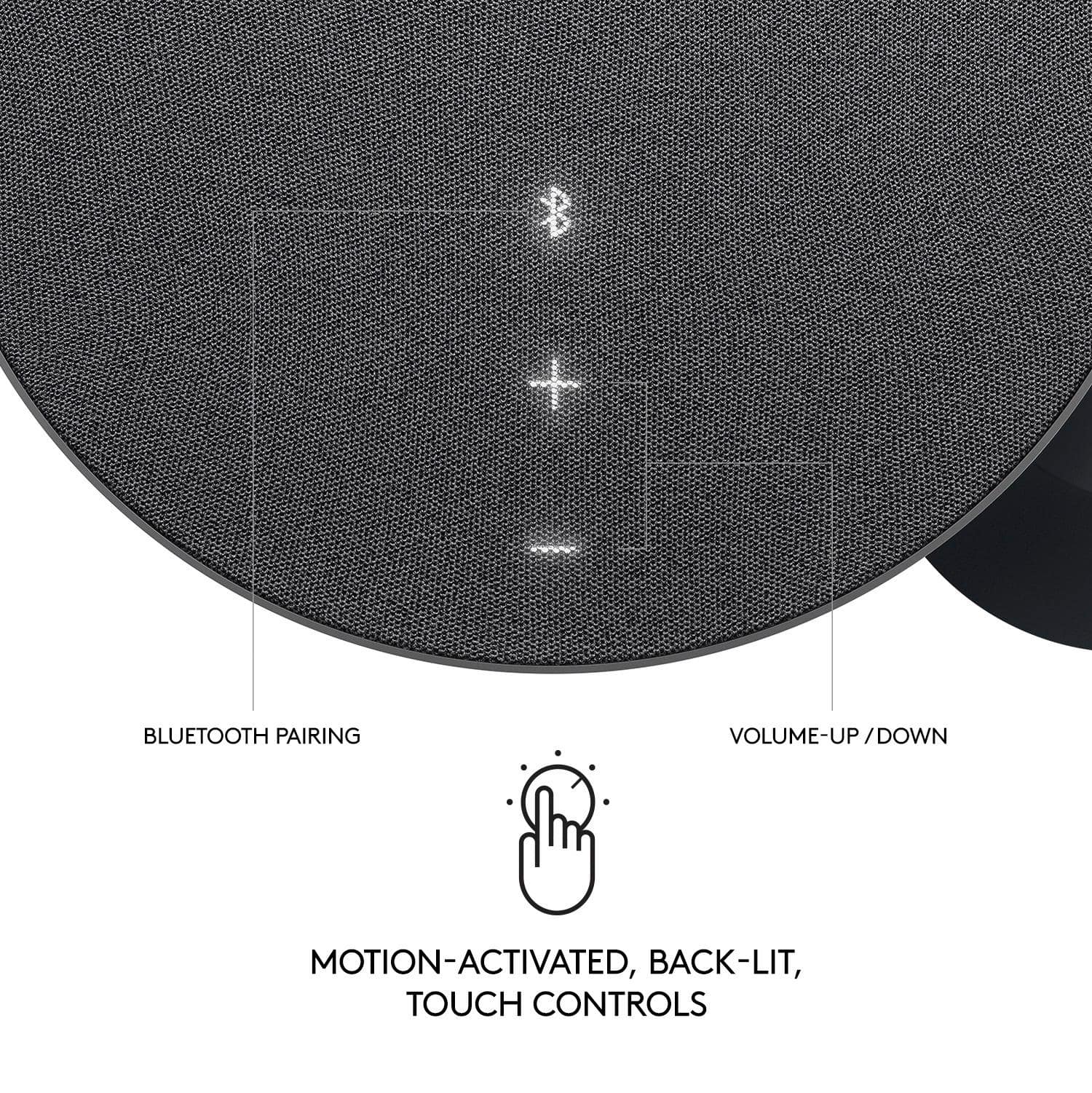 The text on the image reads: "BlueTooth Pairing Volume-Up / Down Motion-Activated, Back-Lit, Touch Controls."