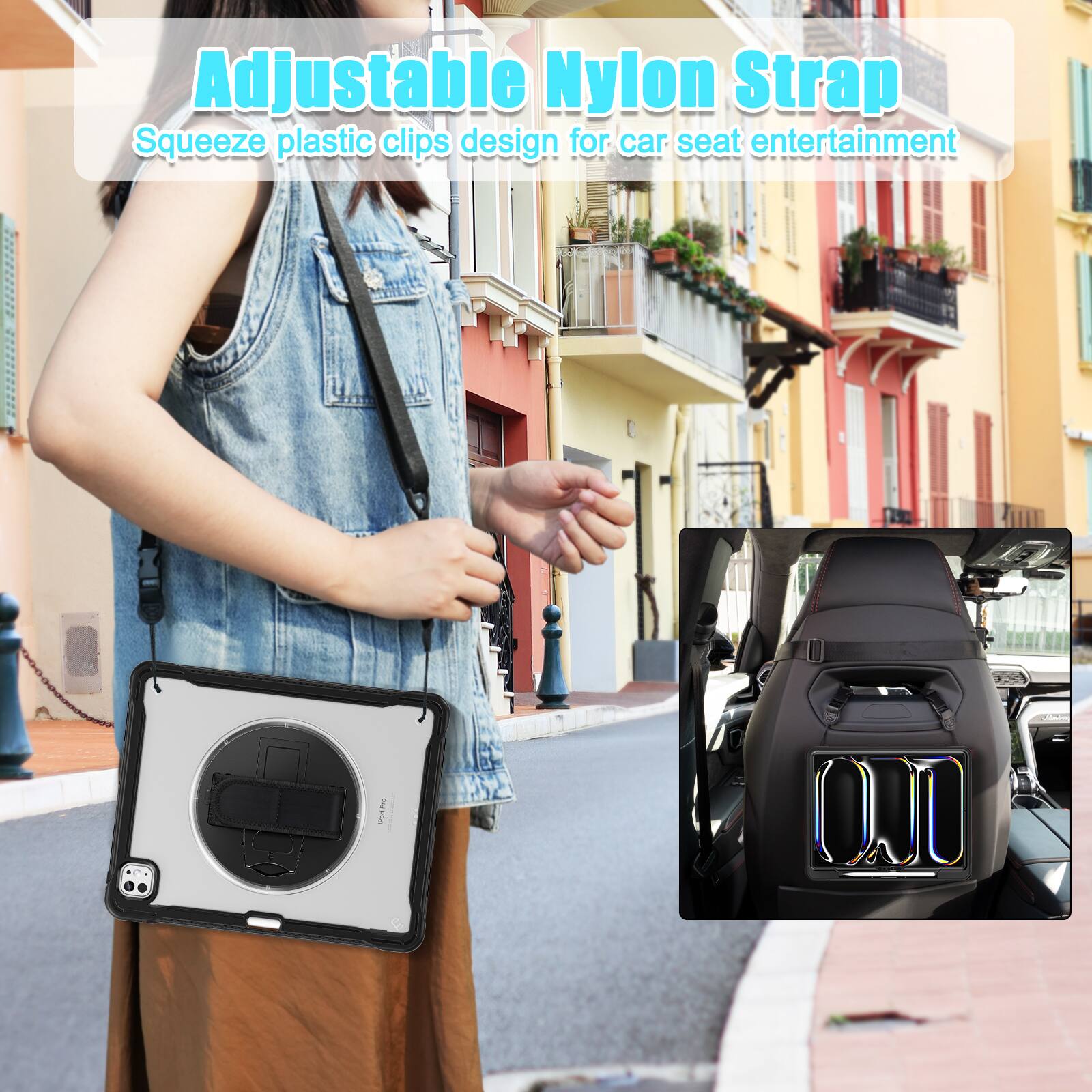 Adjustable Nylon Strap  
Squeeze plastic clips design for car seat entertainment