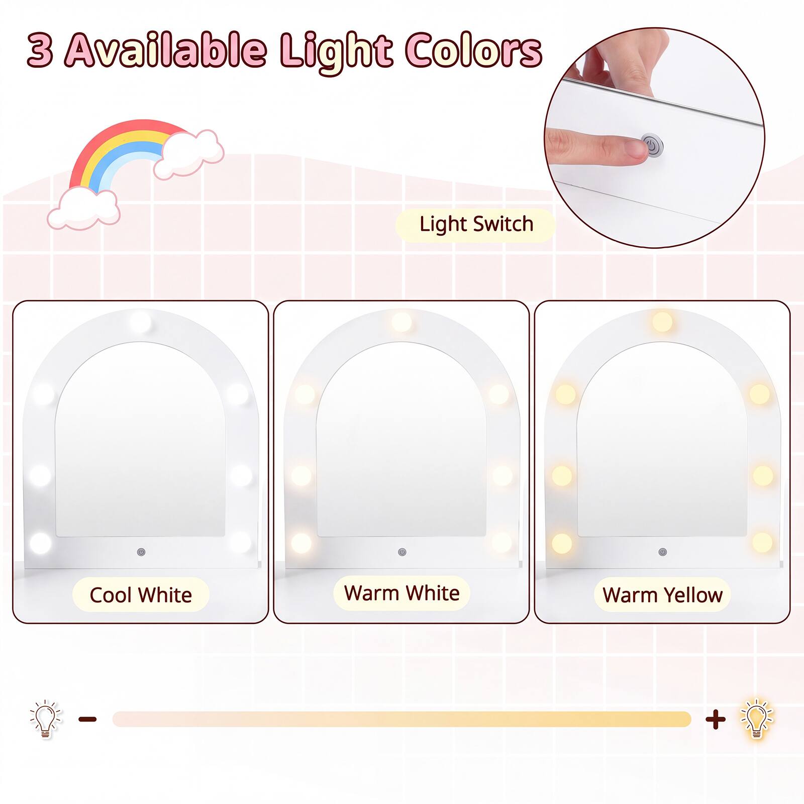 3 Available Light Colors

Light Switch

Cool White

Warm White

Warm Yellow