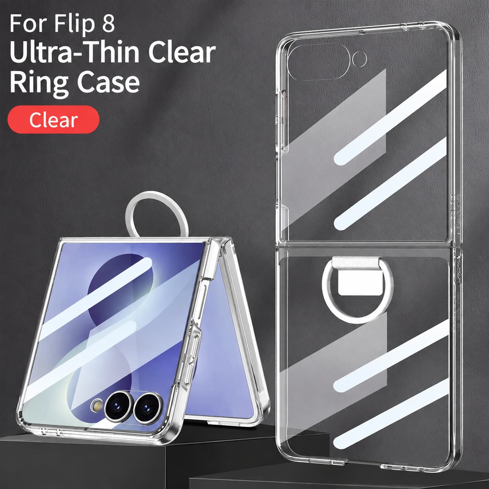 Dteck - Shockproof Ultra Thin Case for Samsung Galaxy Z Flip8 with Ring Stand, Rigid Plastic Cover Built in Screen Protector - Clear