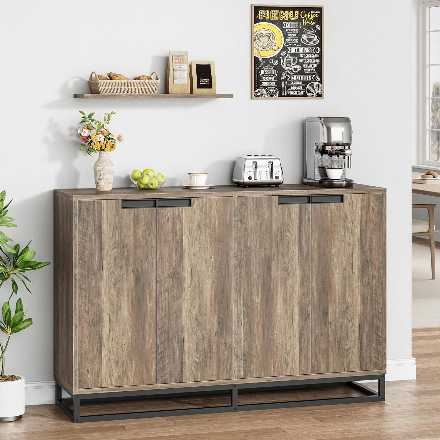 Qeetex - 55" Sideboard Buffet Cabinet with Storage, 3 Door & Adjustable Shelf, Modern Accent Coffee Bar Console Table - Brown