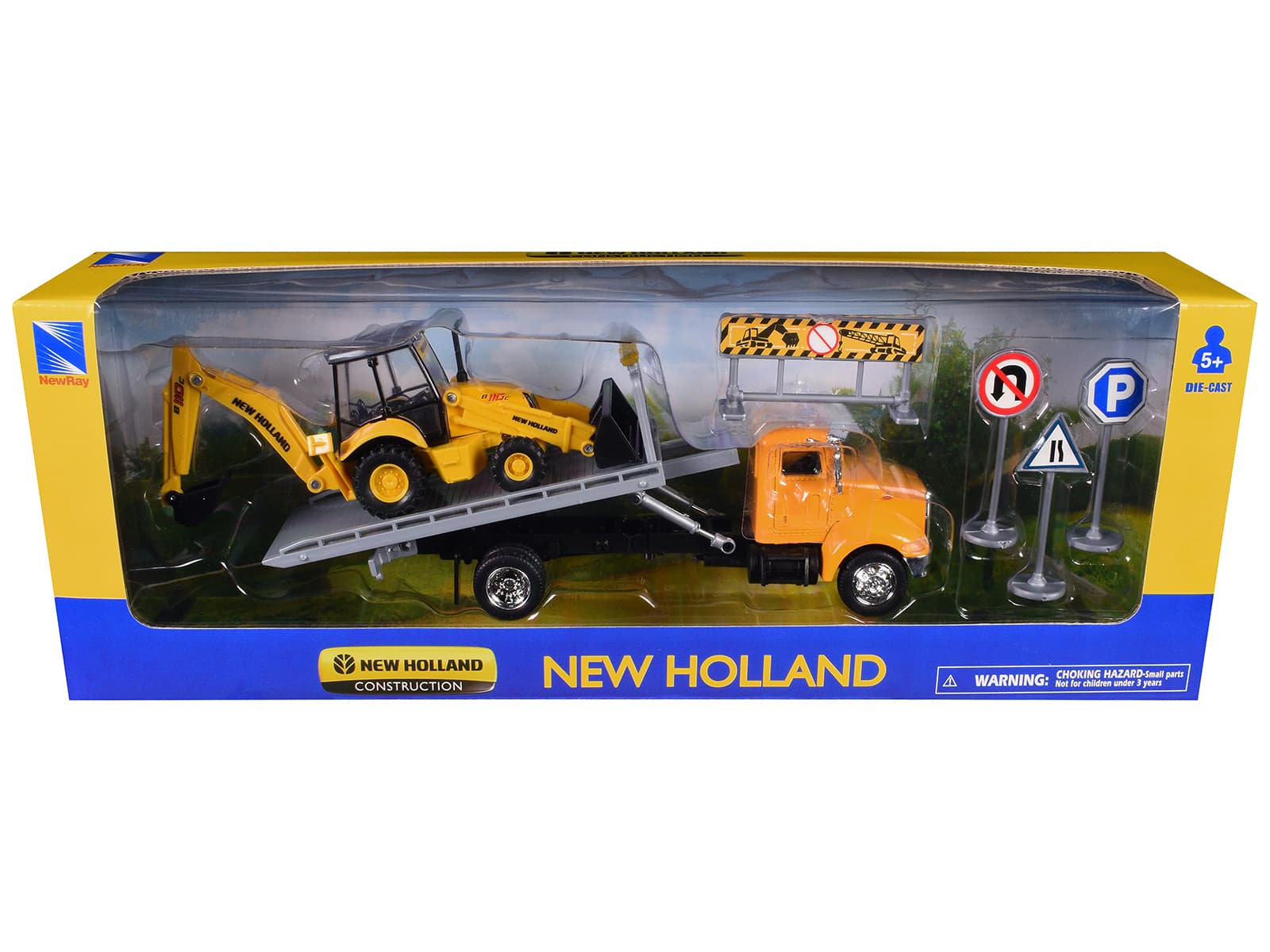 Peterbilt 335 Roll-Off Flatbed Truck and New Holland B110C Backhoe Loader with Street Signs Diecast Models by New Ray price history on PriceWatchPro