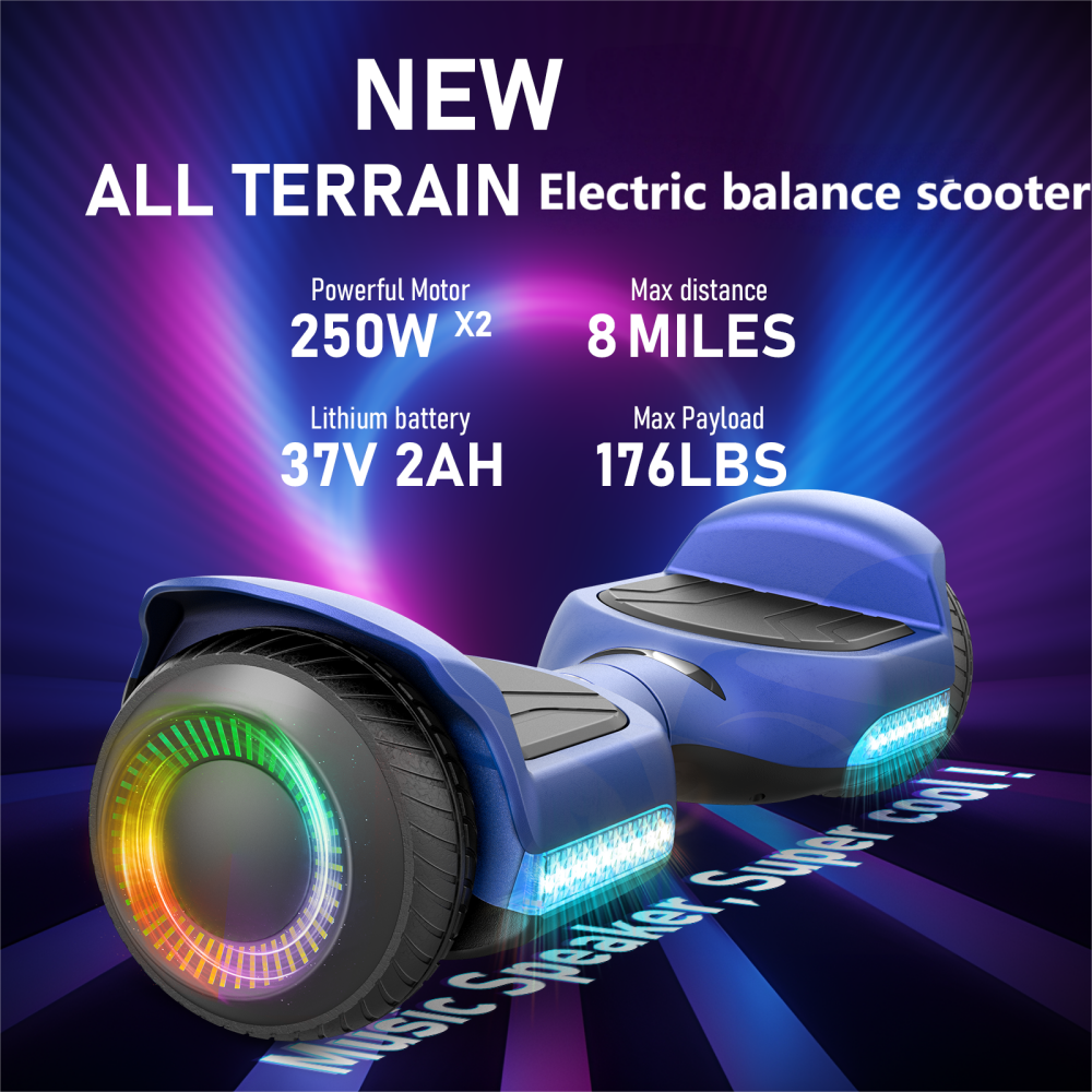 NEW ALL TERRAIN Electric balance scooter

Powerful Motor 250W x2  
Lithium battery 37V 2AH  
Max distance 8 MILES  
Max Payload 176LBS  

Music Speaker - Super Cool!