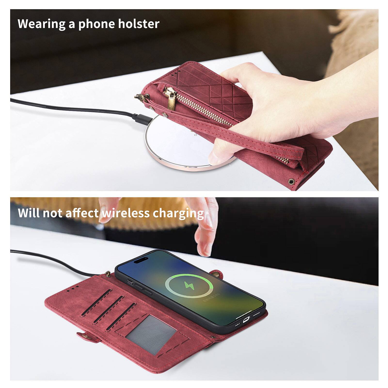 Wearing a phone holster  
Will not affect wireless charging