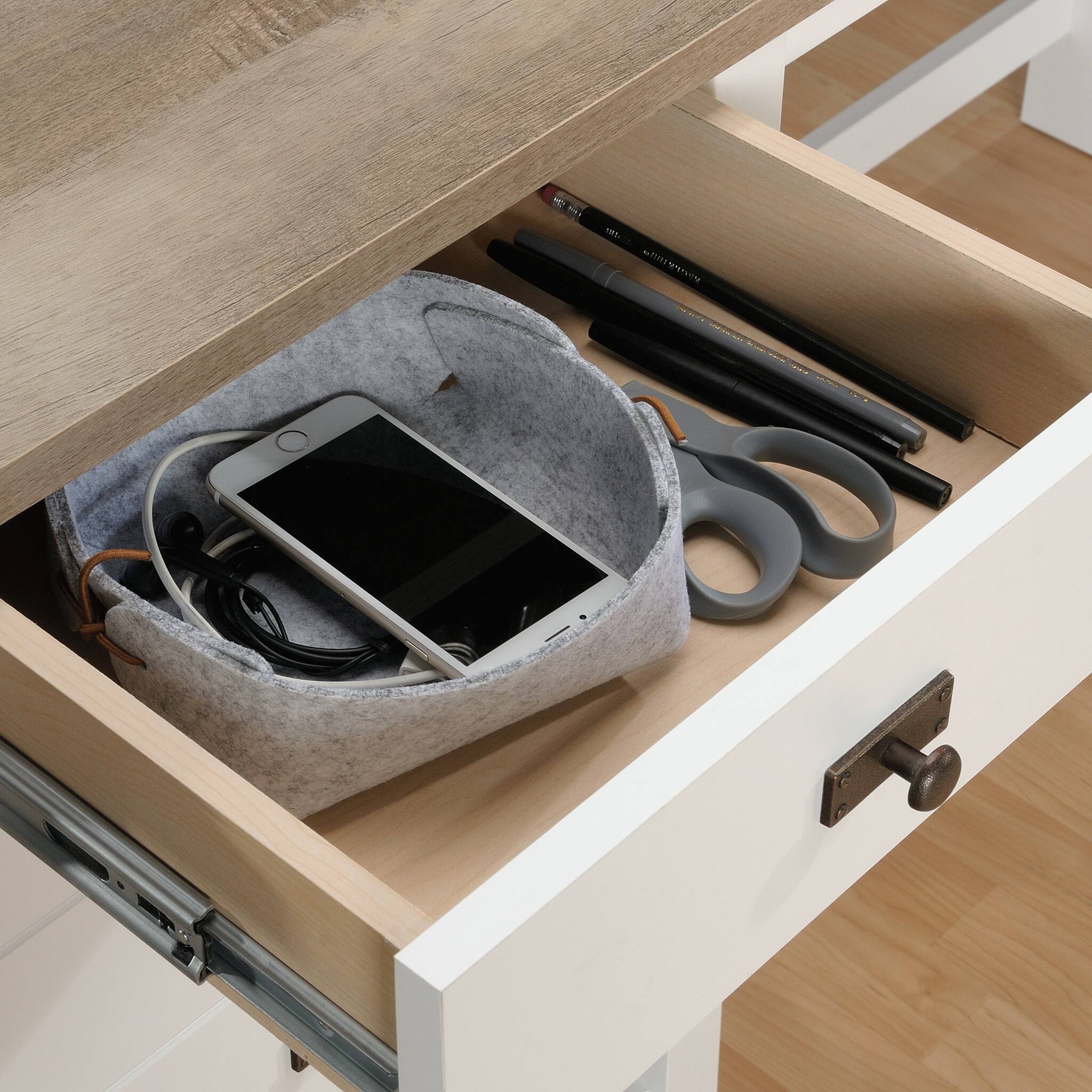 Alt View 14. Sauder - Cottage Road L with Oak Finish Top Desk - Soft White.