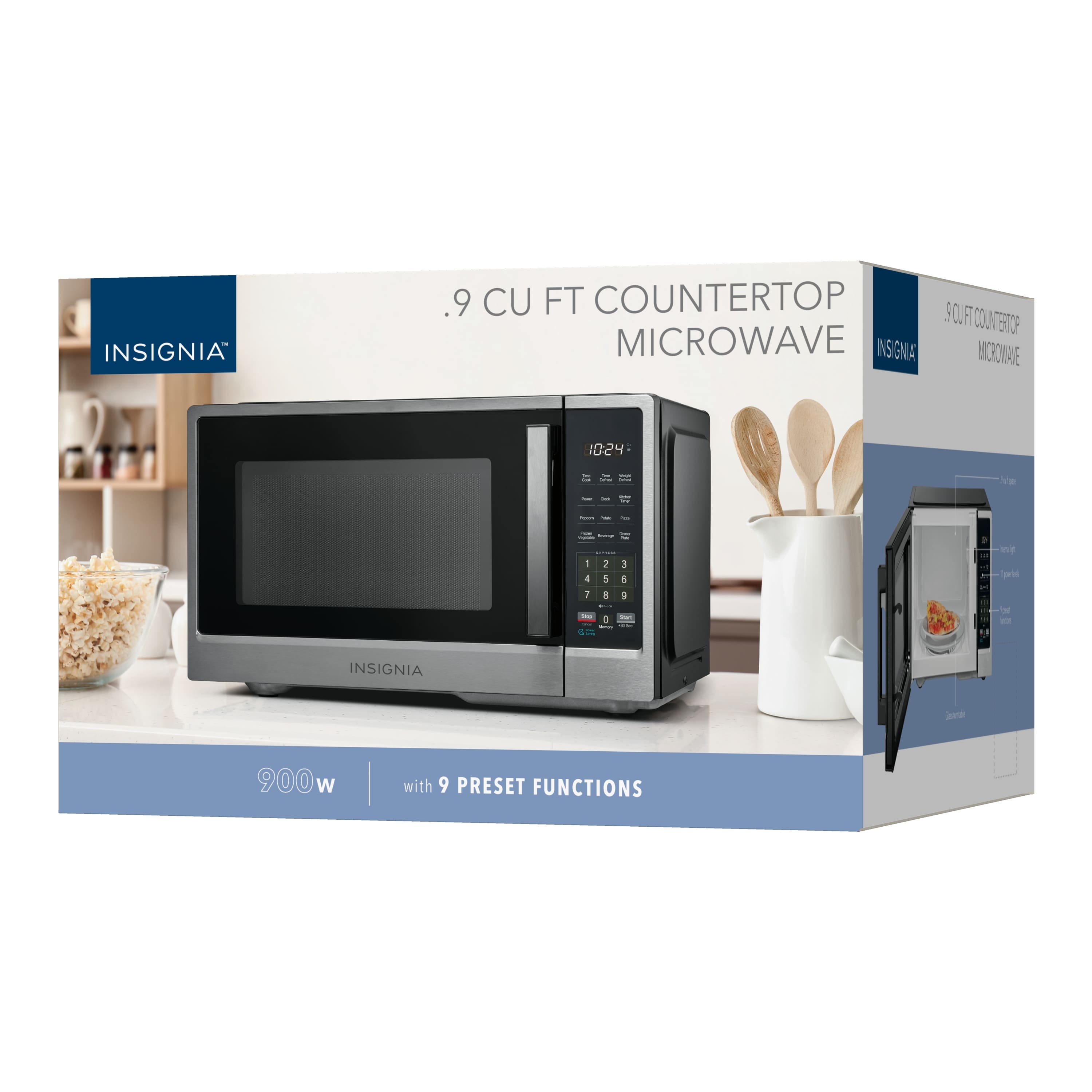 INSIGNIA .9 CU FT COUNTERTOP MICROWAVE
900W with 9 PRESET FUNCTIONS
