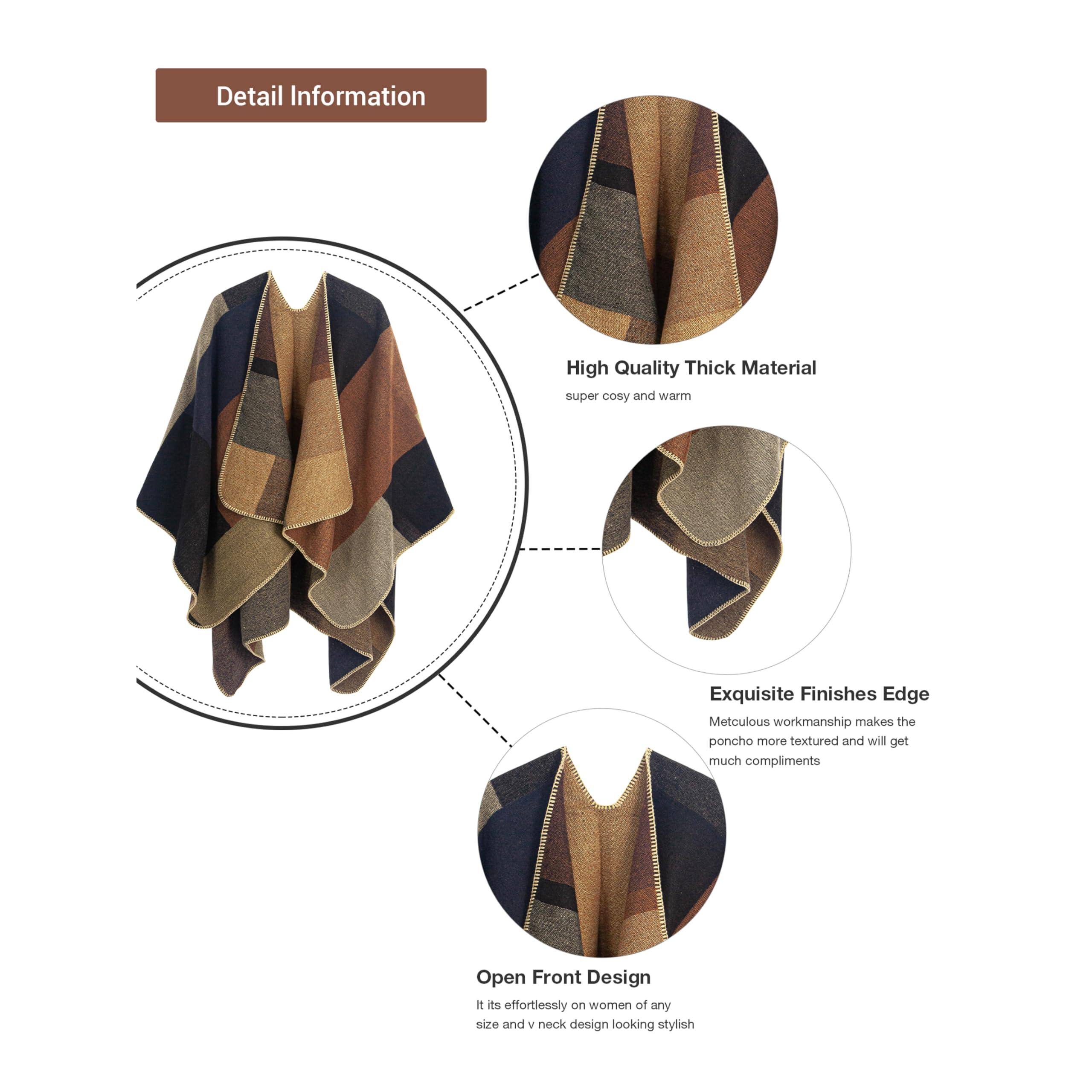 Detail Information

- High Quality Thick Material
  - super cosy and warm

- Exquisite Finishes Edge
  - Metulous workmanship makes the poncho more textured and will get much compliments

- Open Front Design
  - It fits effortlessly on women of any size and v neck design looking stylish