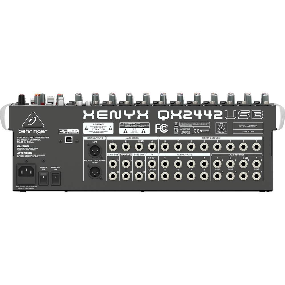 The text on the image reads: "XENYX QX2442USB - LEESTVED AND DESSUNEL BY RENPUNVGER SERMANT MRU - 4 CHANNEL USB MIXER - 4 INPUTS - 2 OUTPUTS - CAUTION - ATTENTION - MAIN POWER SUPPLY - TEL - F.C.E. - SLM BUTTONS - RETURNS - 1 POWERED USB INPUT - 1 POWERED USB OUTPUT - 4 CHANNEL USB MIXER - 4 INPUTS - 2 OUTPUTS - CAUTION - ATTENTION - MAIN POWER SUPPLY - TEL - F.C.E. - SLM BUTTONS - RETURNS - 1 POWERED USB INPUT - 1 POWERED USB OUTPUT."