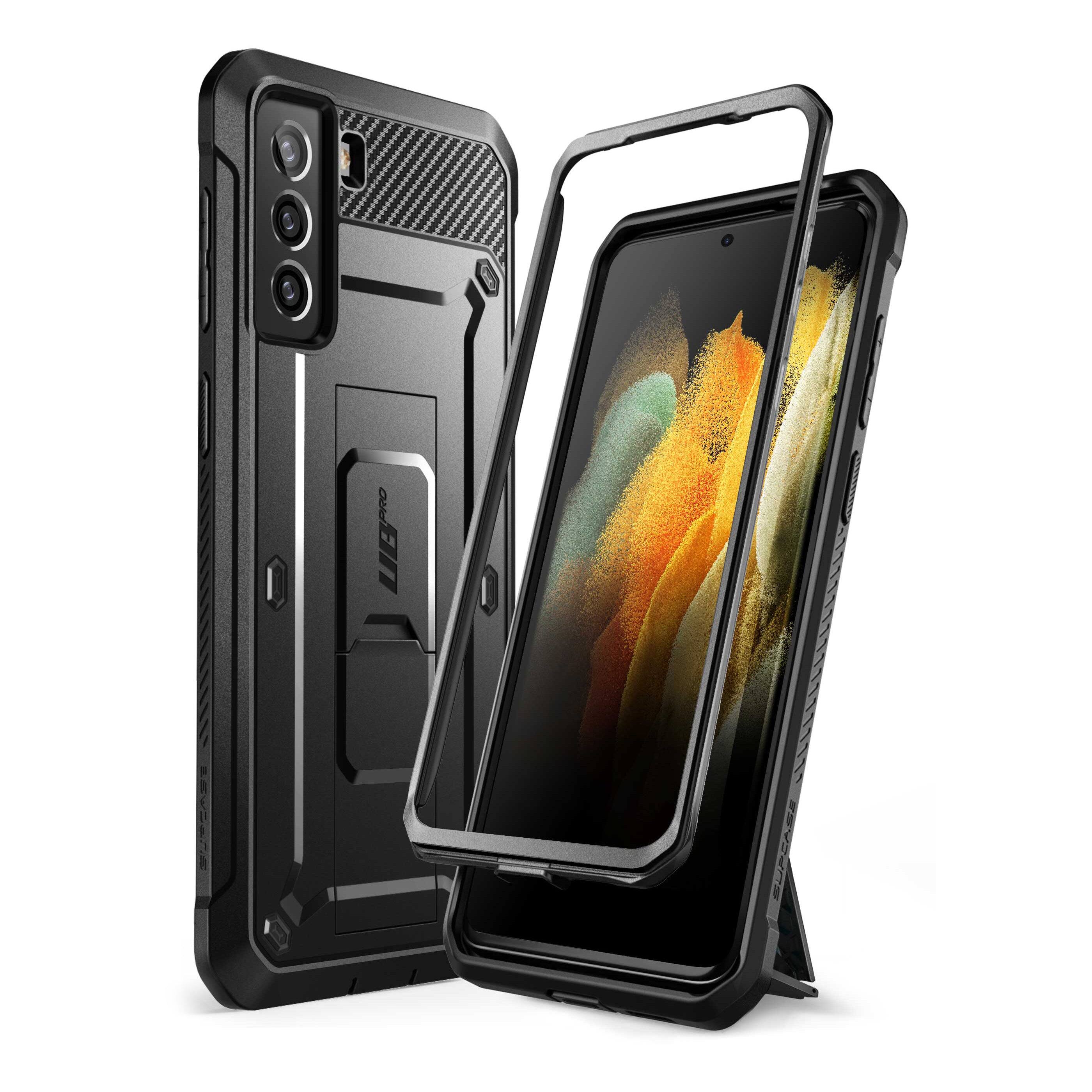 Angle. SUPCASE - Unicorn Beetle Pro Rugged Holster Case for Samsung Galaxy S21 – Full-Body Protection with Kickstand & Belt Clip - Black.