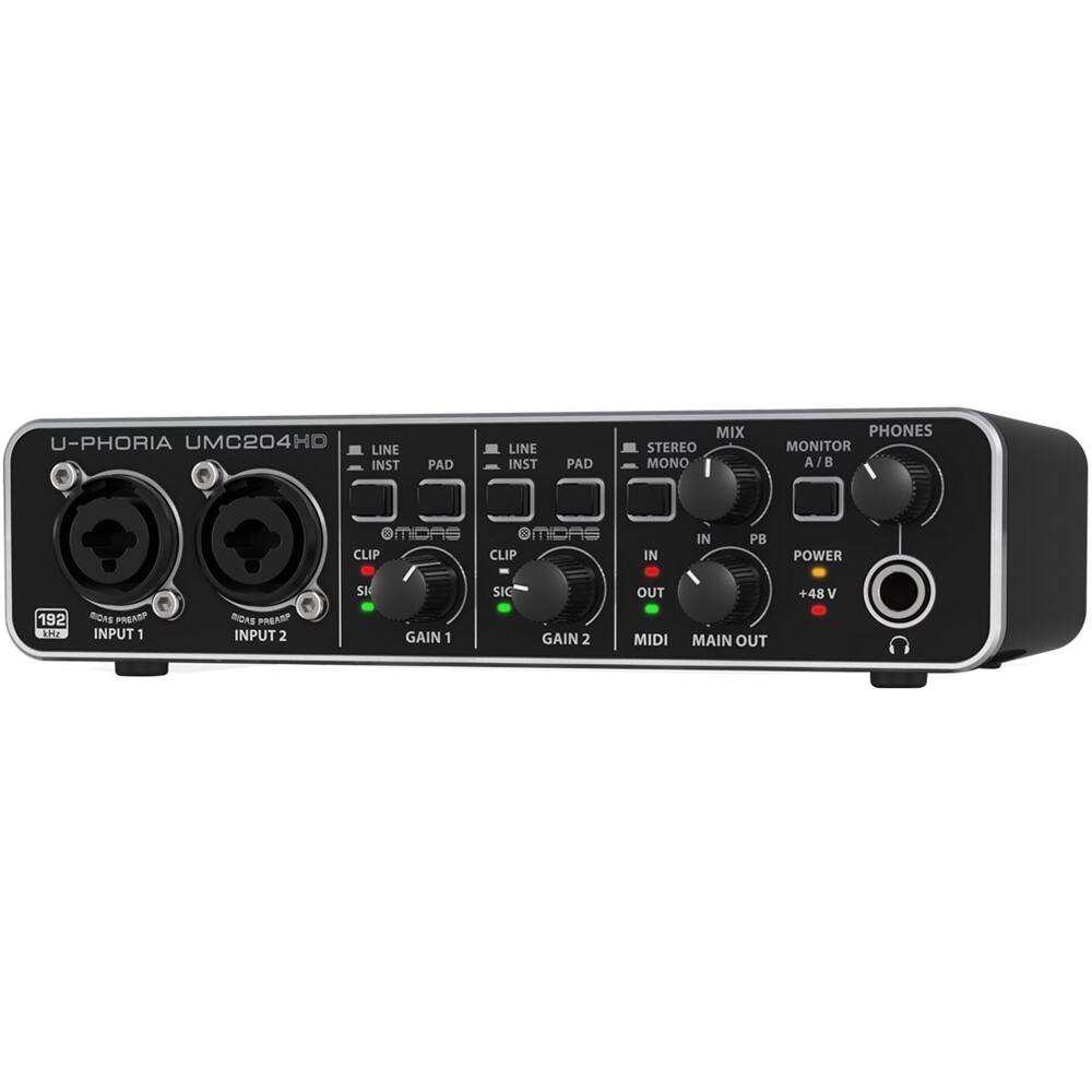 The text on the image reads: "U-PHORIA UMC204HD LINE INST PAD LINE INST PAD MIX STEREO MONO PHONES MONITOR A  OMIDAS OMIDAS CLIP CLIP IN IN PB POWER 192 sHE ROAE PRASP INPUT 1 ROAS REAEP INPUT 2 SN GAIN 1 SIC GAIN 2 OUT MIDI MAIN OUT +48 V."