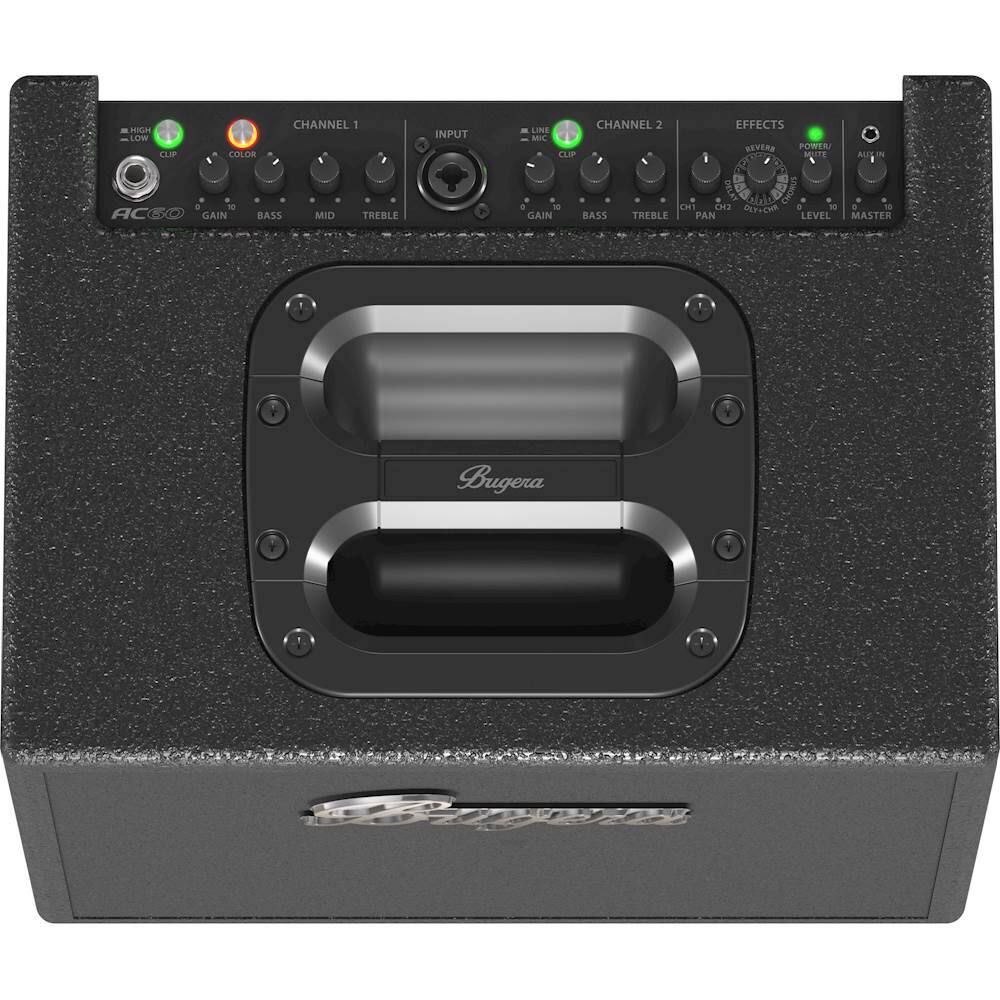 The image features a black amplifier with a variety of controls and settings. The controls include channel 1 and channel 2 inputs, effects, power, mute, and gain for bass, mid, and treble. The amplifier is made by Bugera.