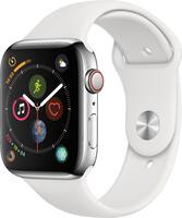 Apple - Apple Watch Series 4 (GPS + Cellular) 44mm Stainless Steel Case with White Sport Band - Stainless Steel - Left_Zoom