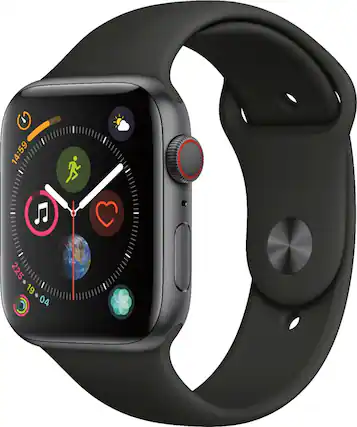 Left. Apple - Apple Watch Series 4 (GPS + Cellular) 44mm Aluminum Case with Black Sport Band - Space Gray.