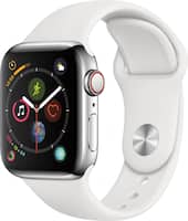 Apple - Apple Watch Series 4 (GPS + Cellular) 40mm Stainless Steel Case with White Sport Band - Stainless Steel - Left_Zoom