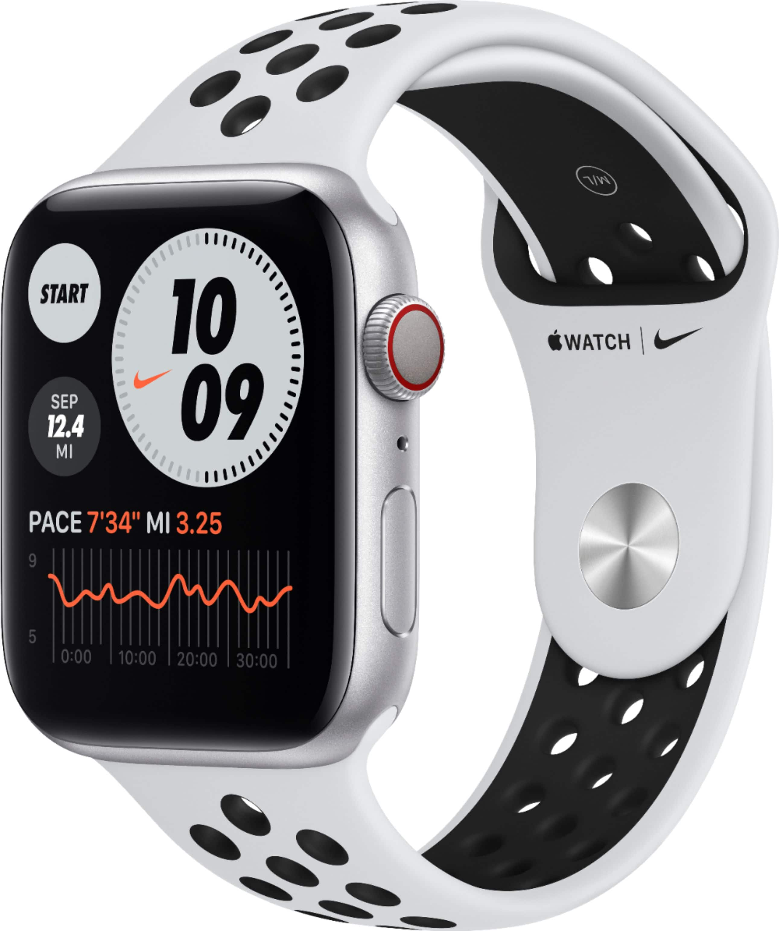 Best Buy Apple Watch Nike Series 6 GPS Cellular 44mm Silver Aluminum Case with Pure Platinum Black Nike Sport Band Silver MG2G3LL A