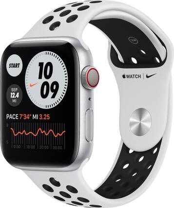 The image displays a watch face with the time of 10:00. The watch is white and black and has a Nike logo on it. The watch face also shows the pace of 7'34" and the distance of 3.25 miles. The watch is being worn on a wrist, and the time is displayed prominently on the face.