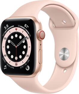 Geek Squad Certified Refurbished Apple Watch Series 6 (GPS + Cellular) 44mm Gold Aluminum Case with Pink Sand Sport Band - Gold - (2020)