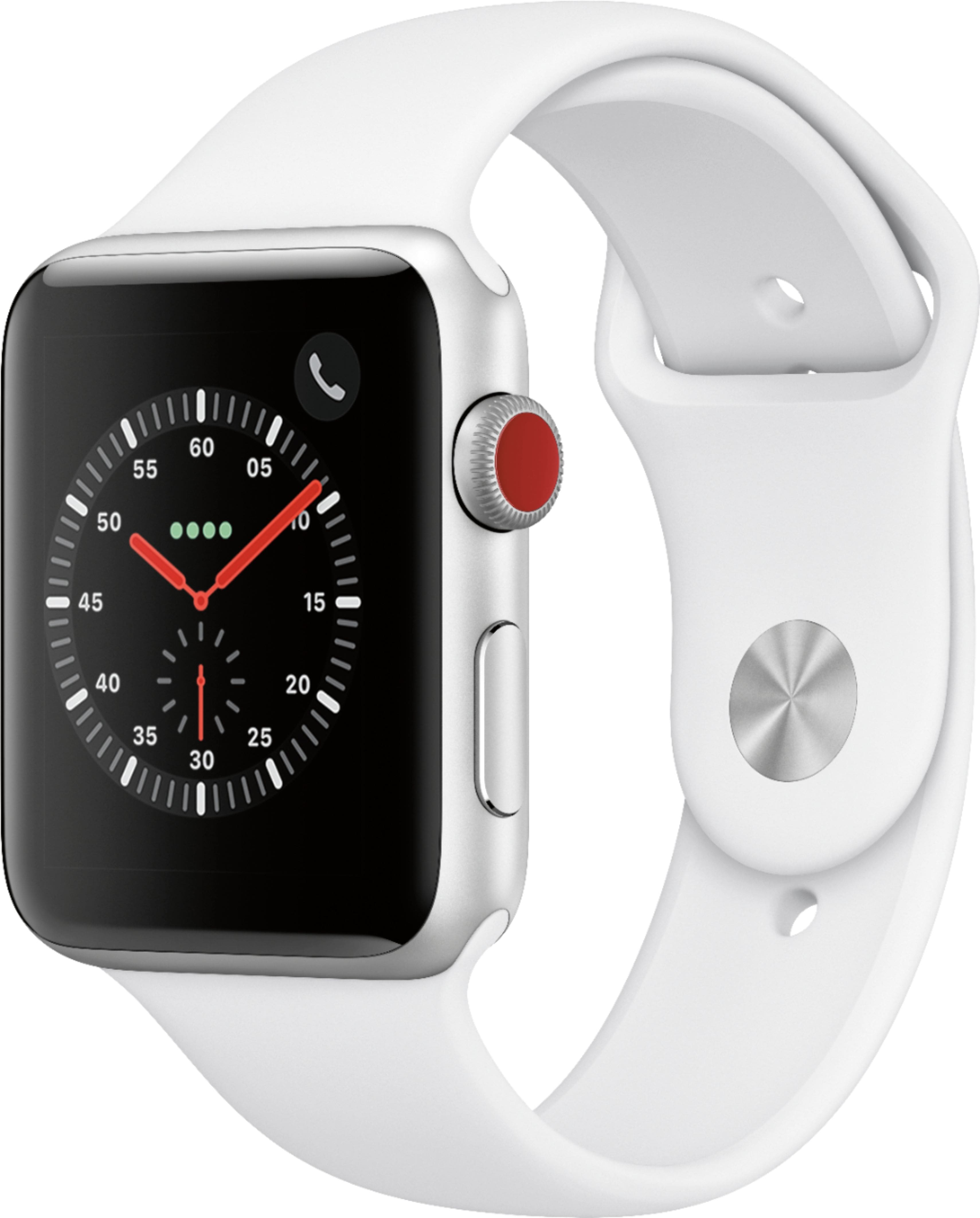 Left. Apple - Apple Watch Series 3 (GPS + Cellular) 42mm Silver Aluminum Case with White Sport Band - Silver Aluminum.