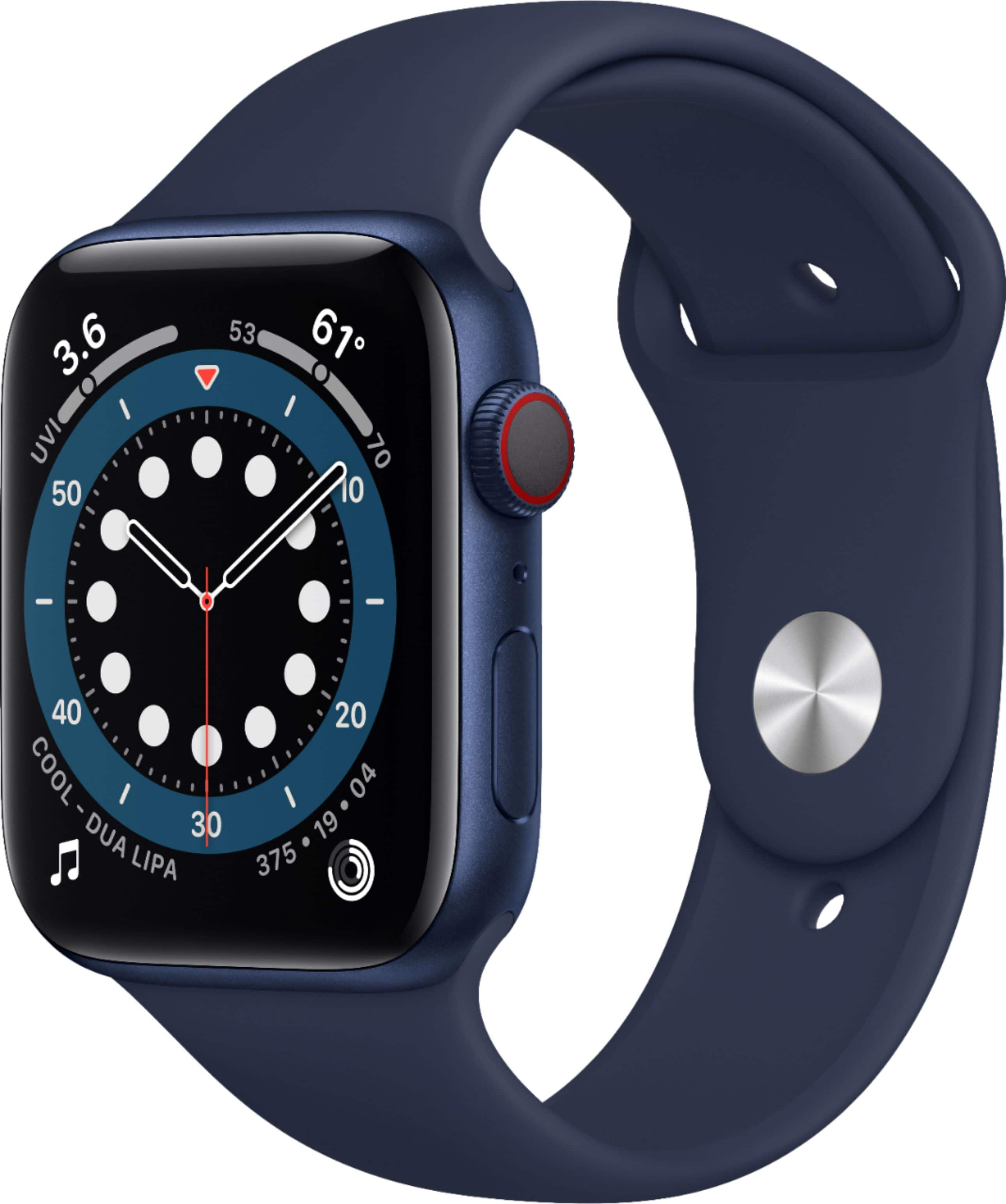 Geek Squad Certified Refurbished Apple Watch Series 6 (GPS + Cellular) 44mm Aluminum Case with Deep Navy Sport Band - Blue - (2020) - Front_Zoom