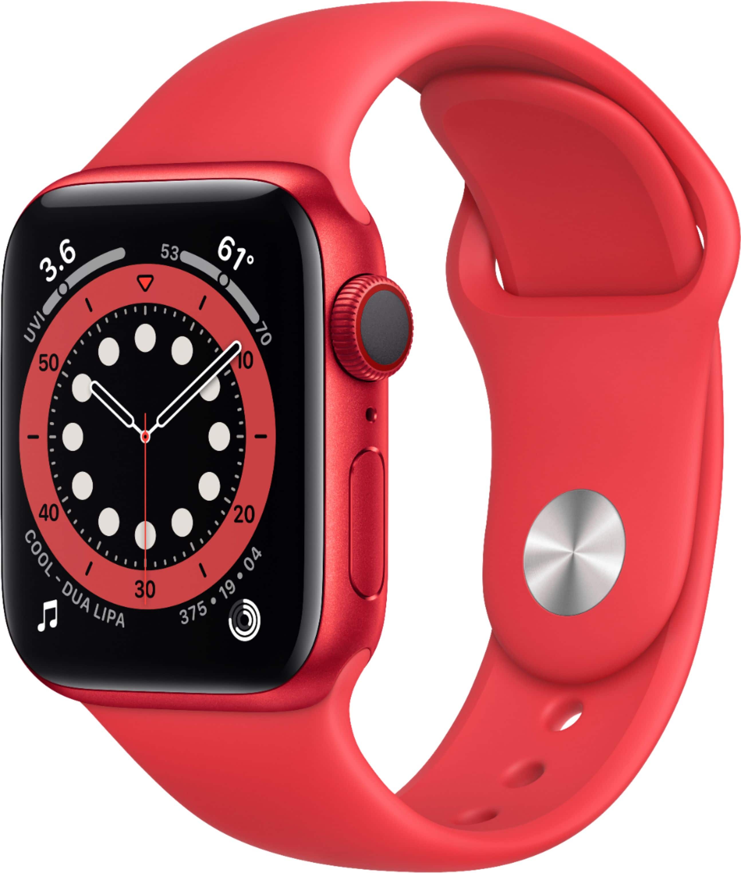 Front. Apple - Apple Watch Series 6 (GPS + Cellular) 44mm Aluminum Case with Red Sport Band - (PRODUCT)RED.