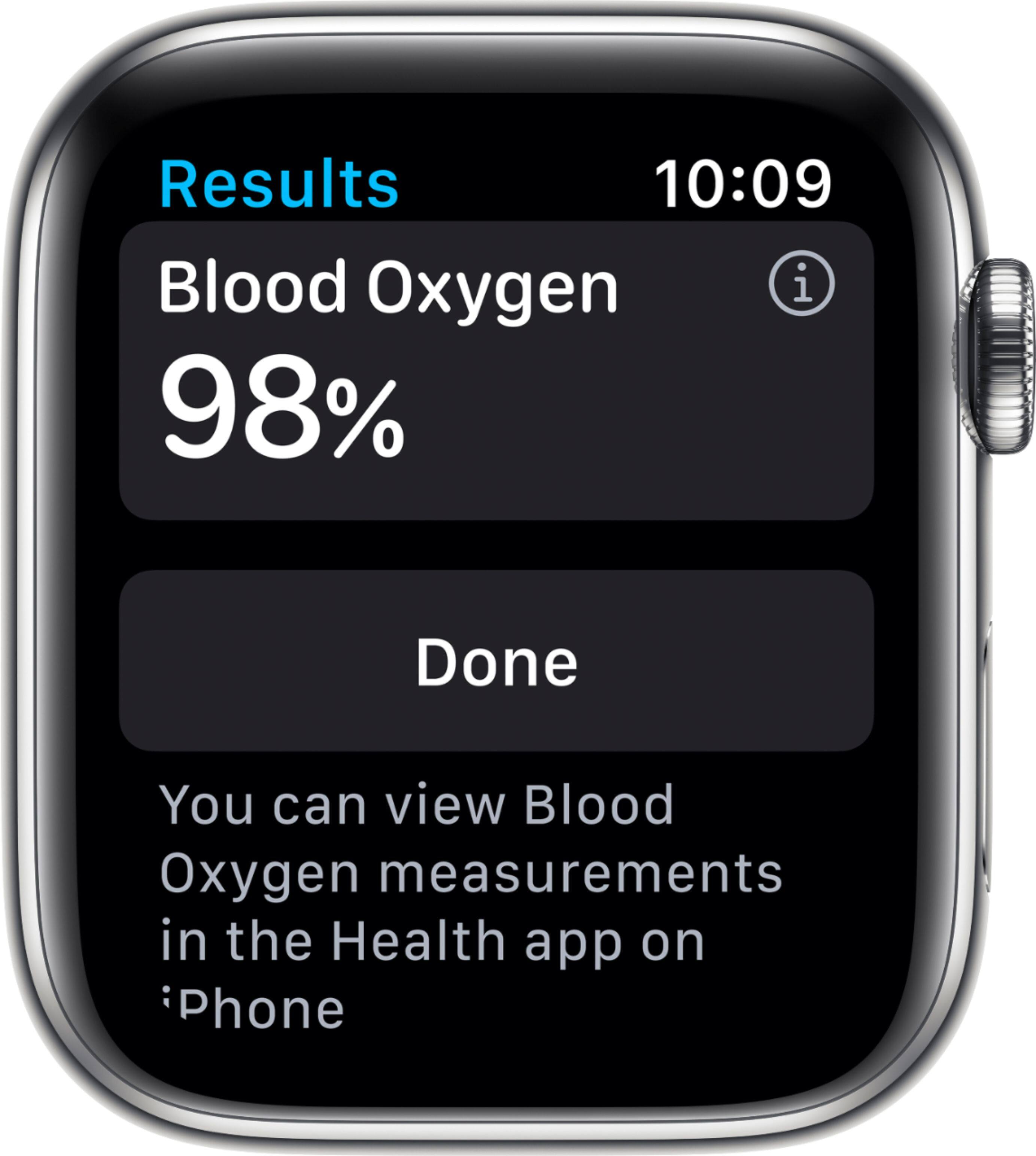 Results 10:09 Blood Oxygen 98% Done You can view Blood Oxygen measurements in the Health app on Phone