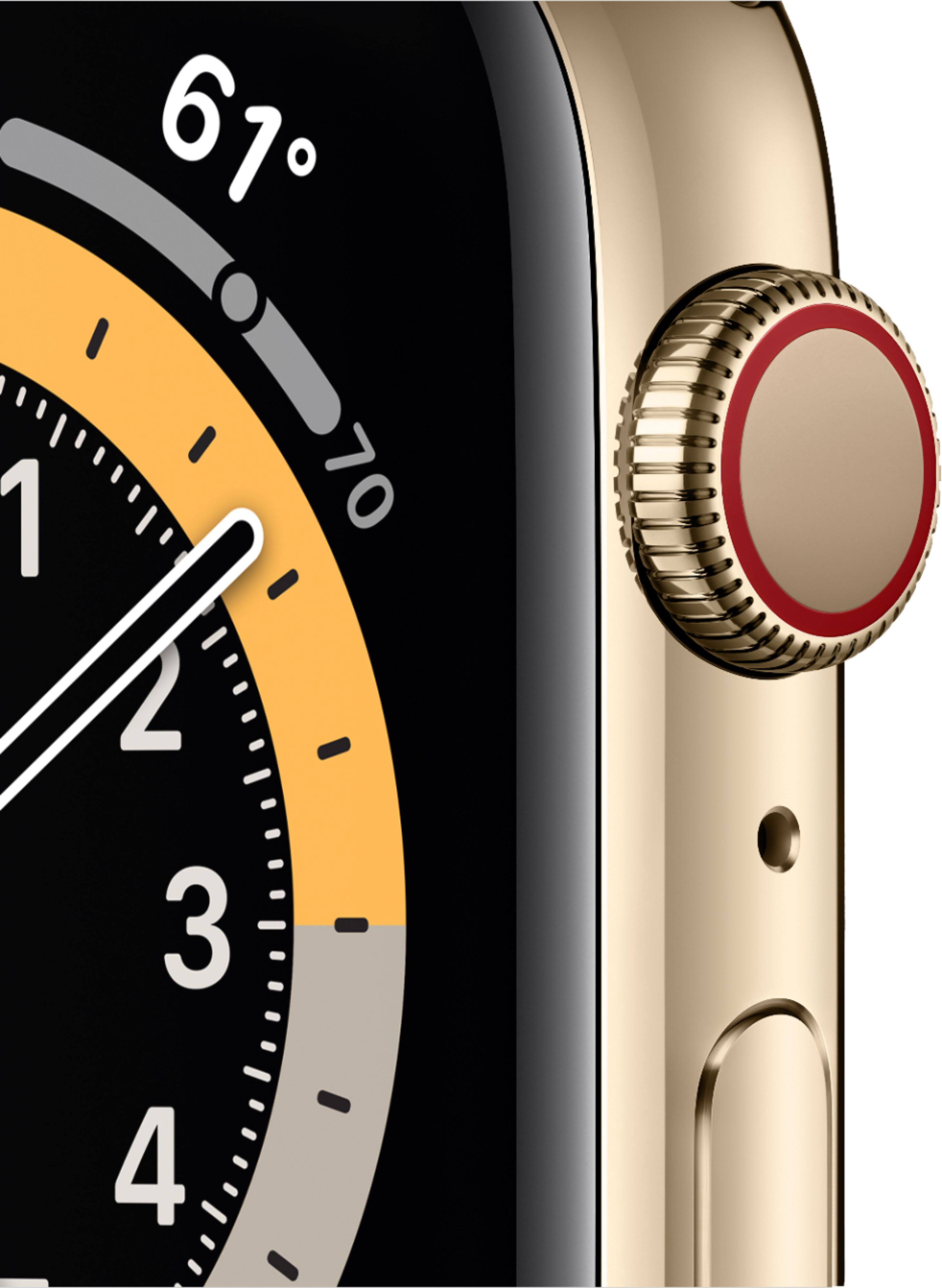 Alt View 11. Apple - Geek Squad Certified Refurbished Apple Watch Series 6 (GPS + Cellular) 44mm Stainless Steel Case with Gold Milanese Loop - Gold.