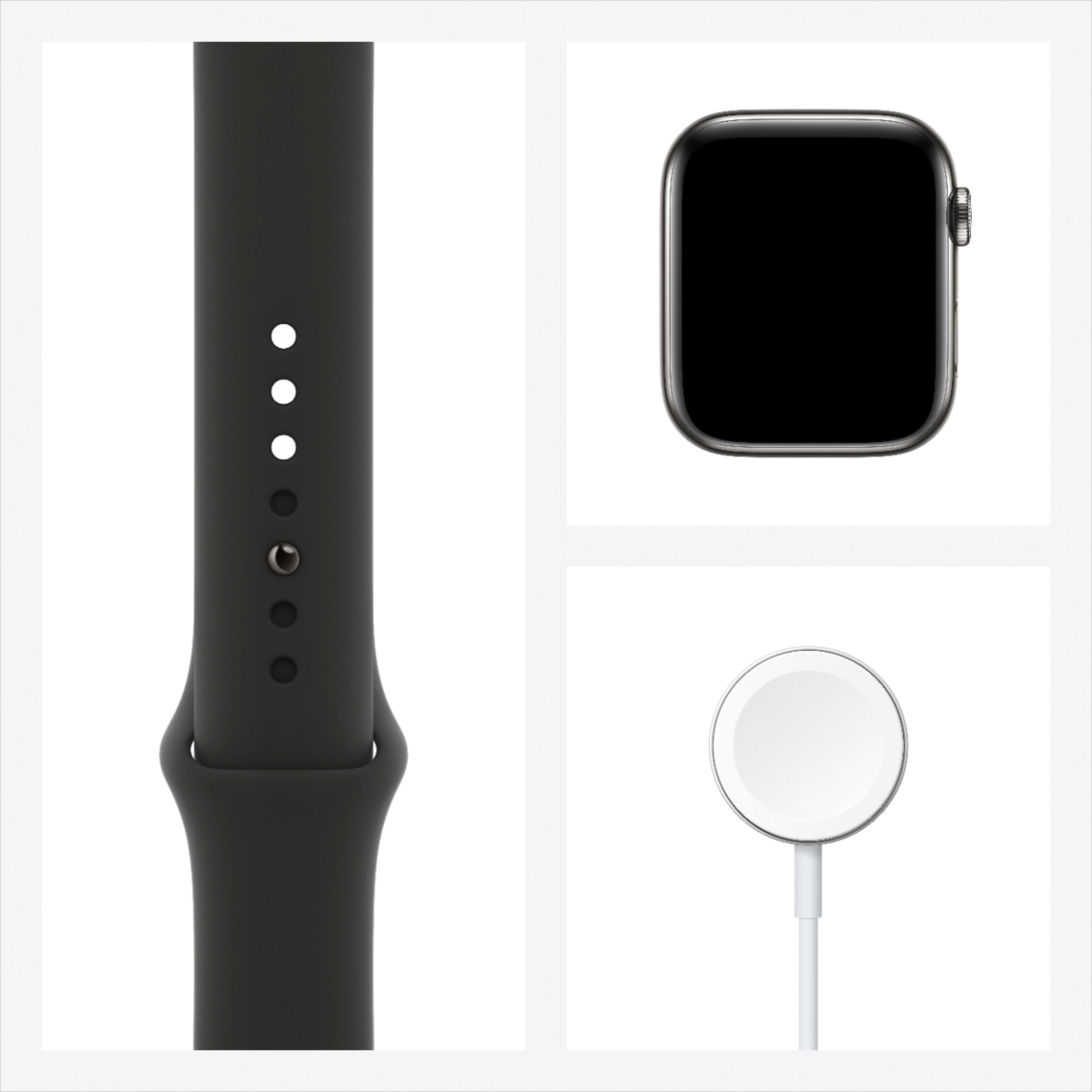 Alt View 15. Apple - Refurbished Apple Watch Series 6 (GPS + Cellular) 44mm Graphite Stainless Steel Case with Black Sport Band - Space Gray.