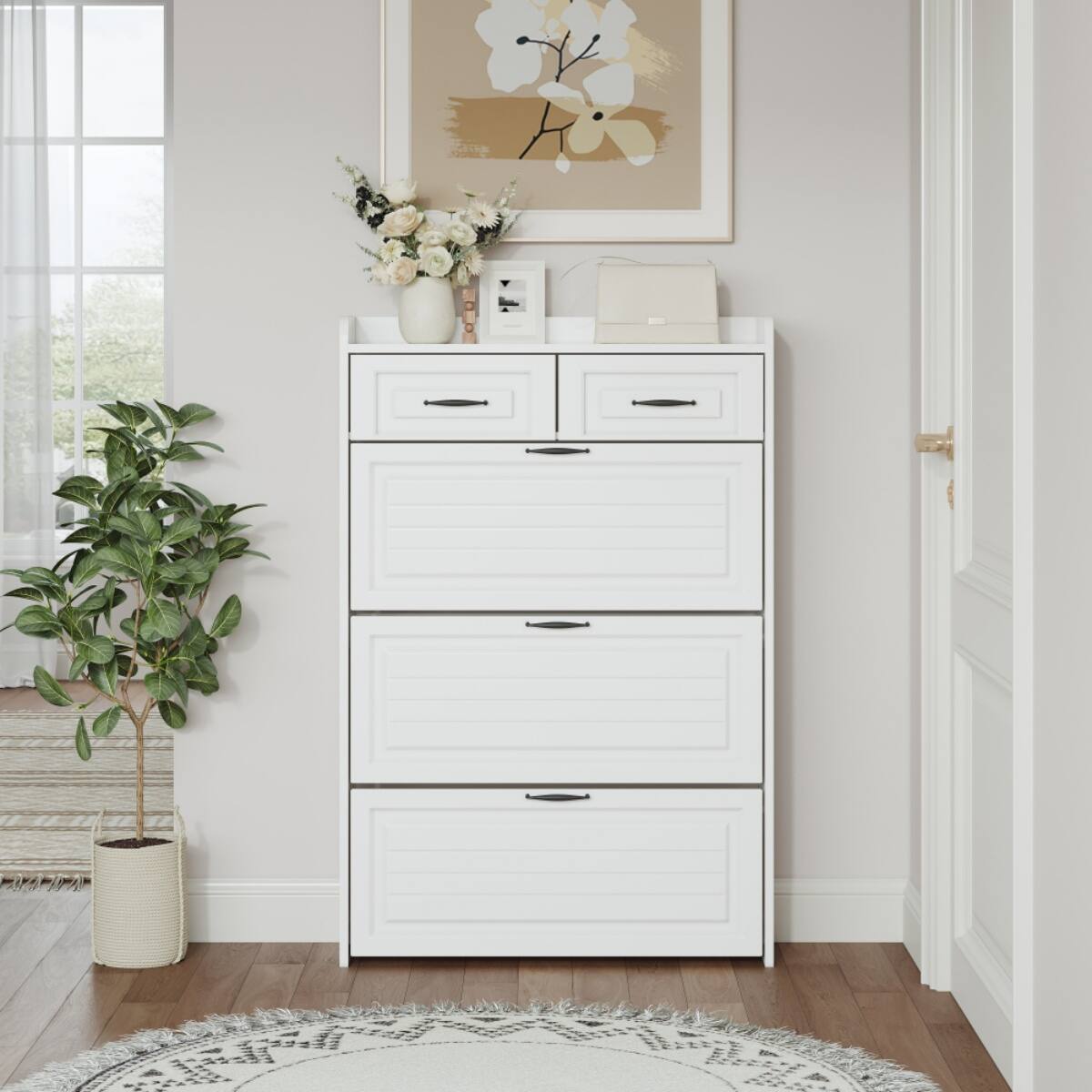 Back. HTUTWOO - Freestanding  Shoe Storage Cabinet with 3 Flip Drawers & 2 Drawers,Shoe Cabinet with Adjustable Shelf,for Entryway - White.