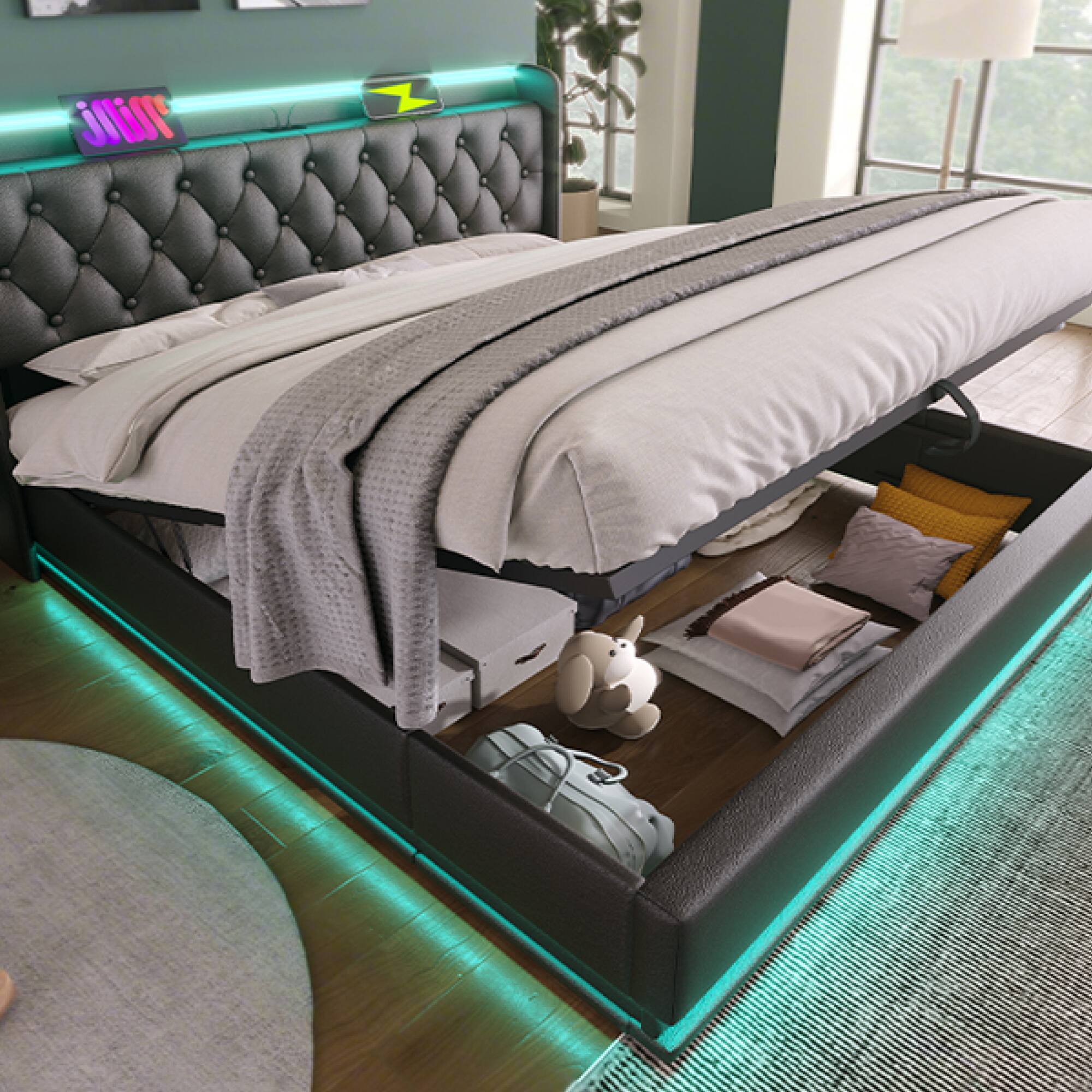 Alt View 4. GOODSILO - Full Size Upholstered Bed with LED Lighting, Hydraulic Storage, and USB Charging - Black.