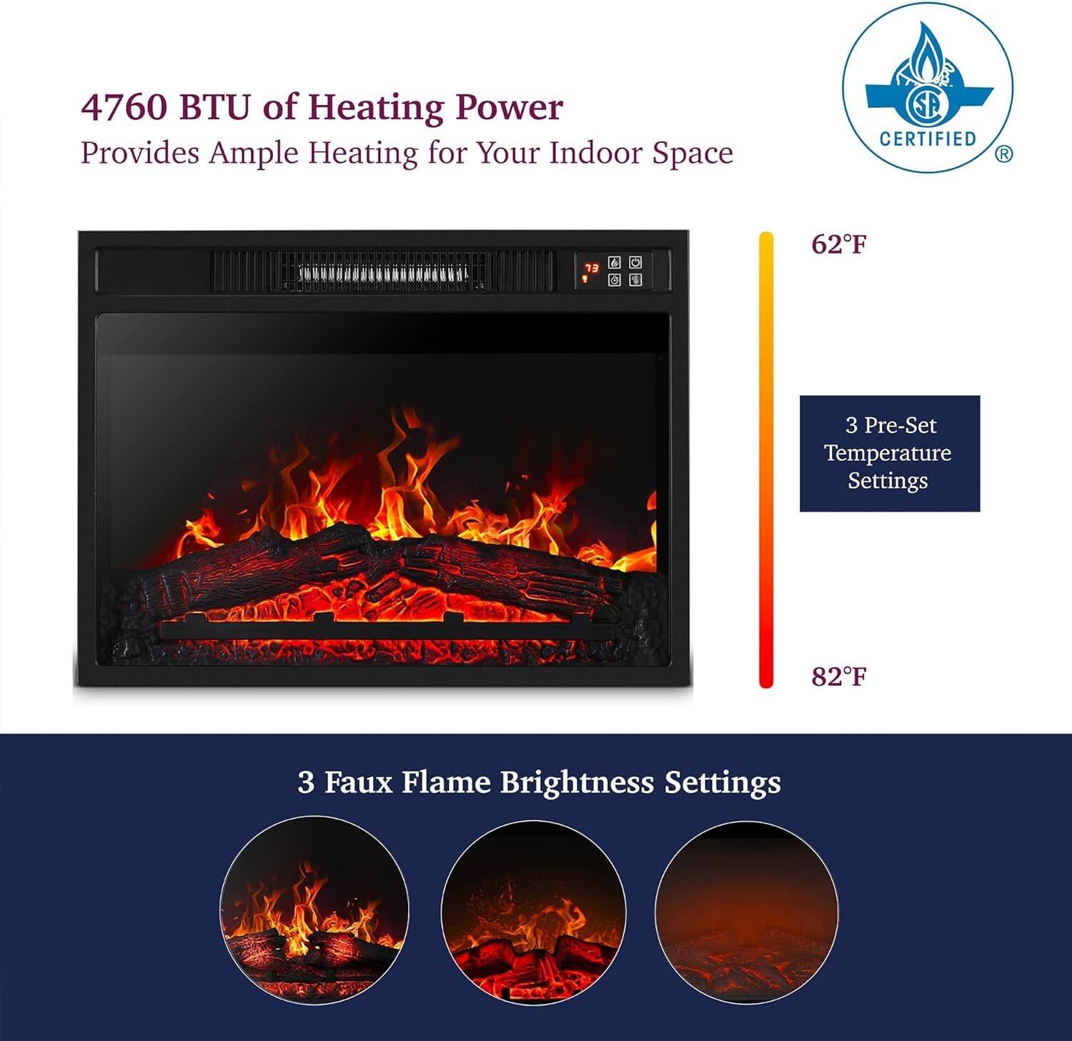 Alt View 2. Tiramisubest - 23"3D Infrared Electric Fireplace Insert Heater with IR Remote Control,Glass View,Adjustable Realistic Logs&Flames,1400W - Black.
