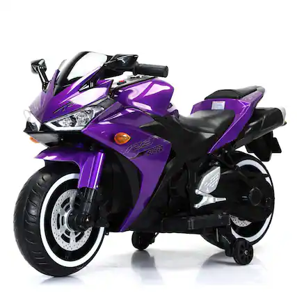 Front. Boyel Living - 3+ Kids 12V Purple Electric Motorcycle with Training Wheels Real Manual Throttle and Foot Brake For Gift - Purple.