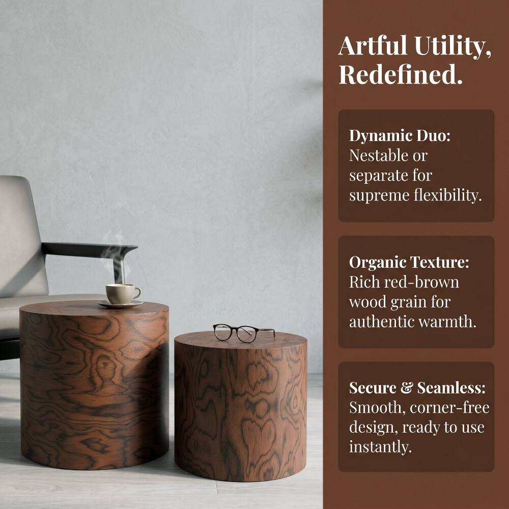 Artful Utility, Redefined.

Dynamic Duo: Nestable or separate for supreme flexibility.

Organic Texture: Rich red-brown wood grain for authentic warmth.

Secure & Seamless: Smooth, corner-free design, ready to use instantly.