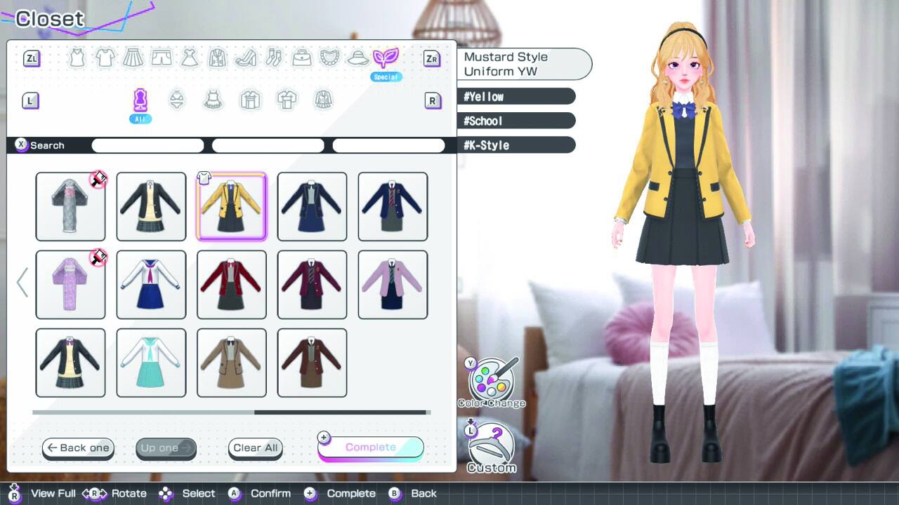 Closet ZL Special ZR Mustard Style Uniform WY L R #Yellow low ALI #School X Search #K-Style Y Color-Change Back one Up one Clear All + Complete 2 Custom R View Full R Rotate Select A Confirm + Complete B Back