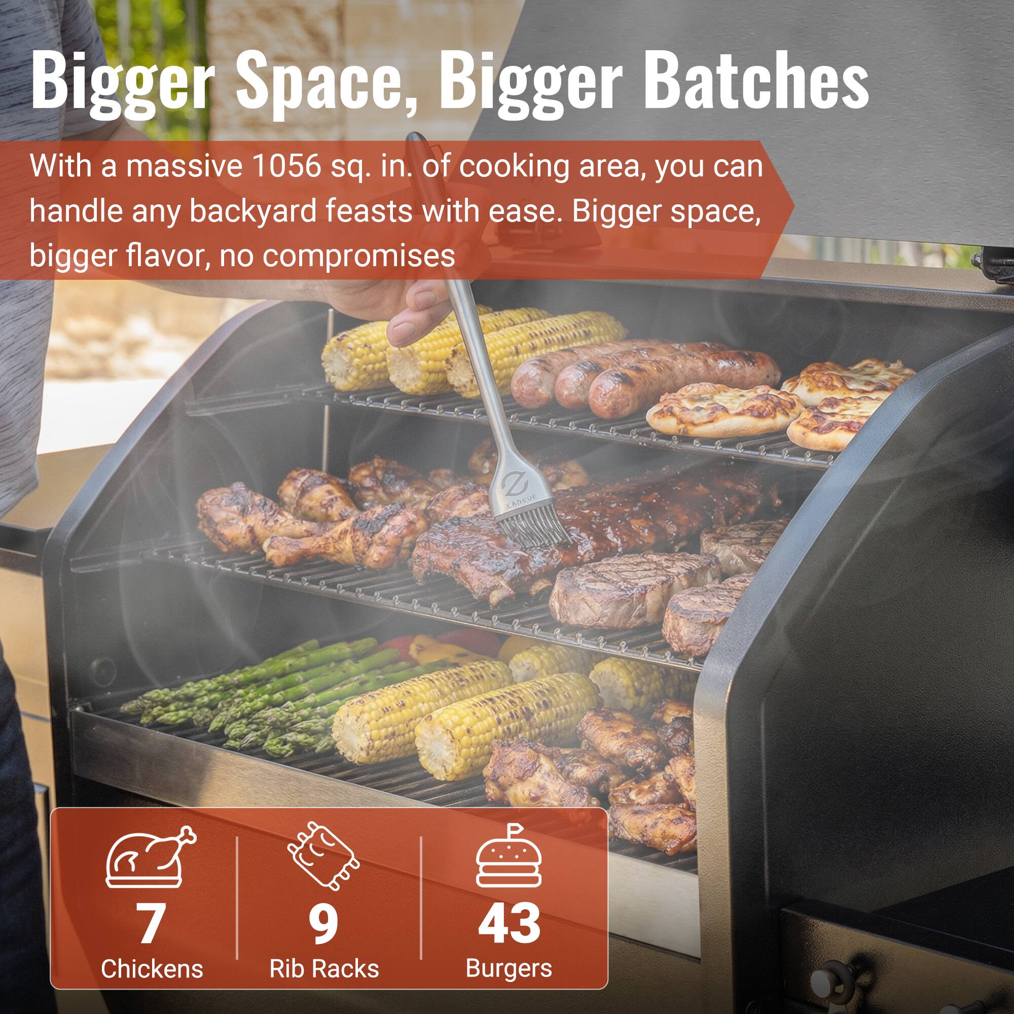 Bigger Space, Bigger Batches

With a massive 1056 sq. in. of cooking area, you can handle any backyard feasts with ease. Bigger space, bigger flavor, no compromises.

- 7 Chickens
- 9 Rib Racks
- 43 Burgers