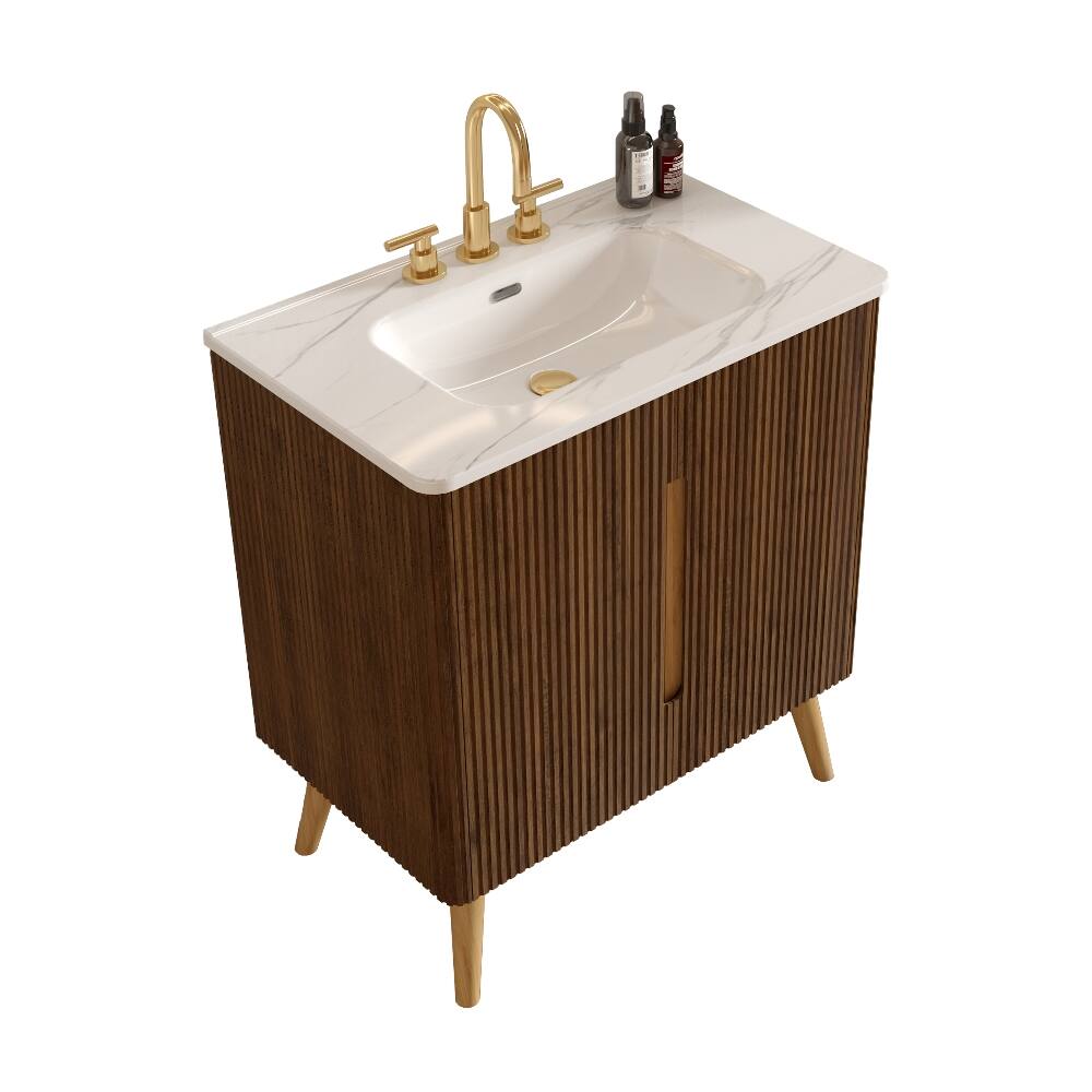 Alt View 4. Loheer - Loheer 30 inch freestanding bathroom vanity striped walnut finish carrara white ceramic sink - White+Walnut.