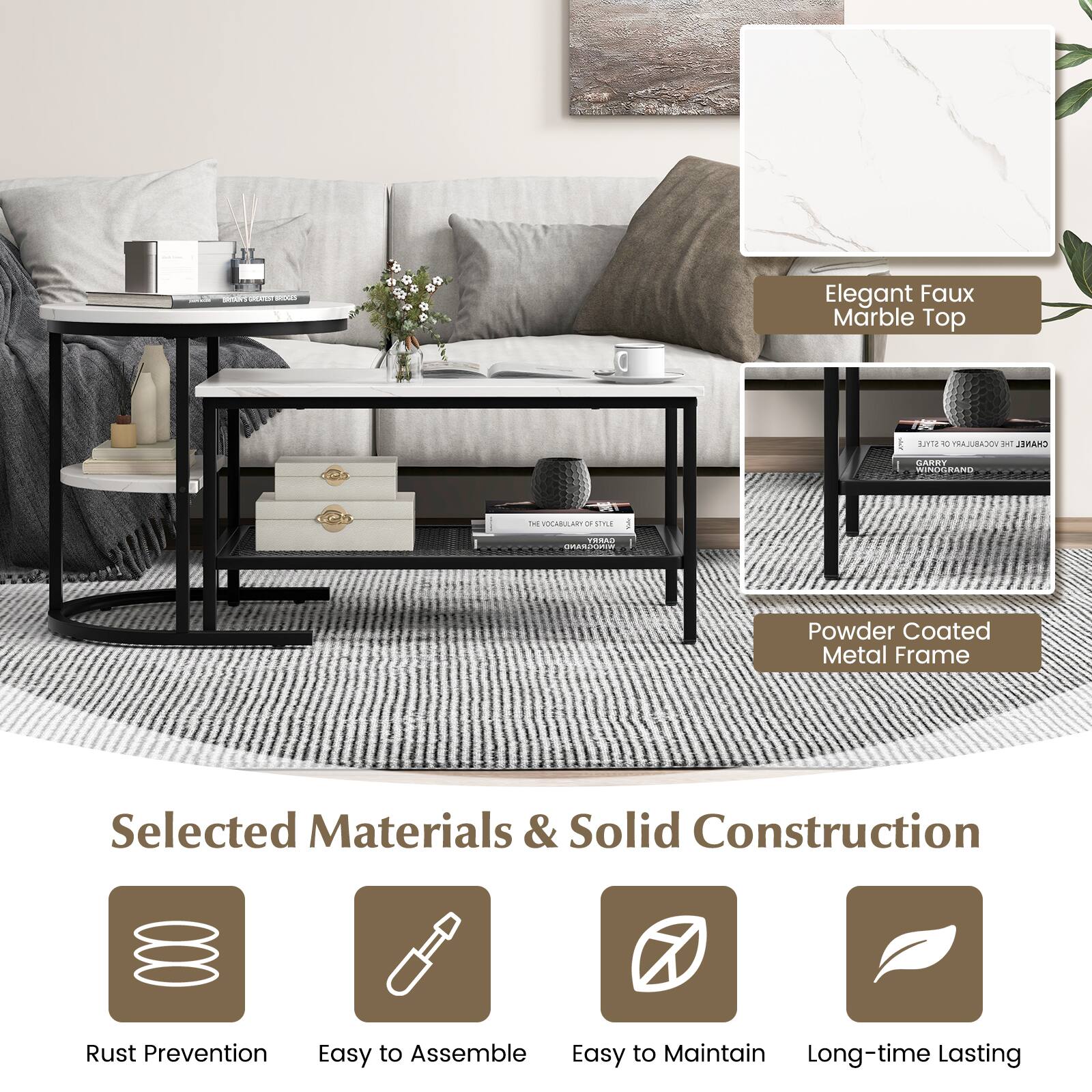 Elegant Faux Marble Top, Powder Coated Metal Frame, Selected Materials & Solid Construction, Rust Prevention, Easy to Assemble, Easy to Maintain, Long-time Lasting