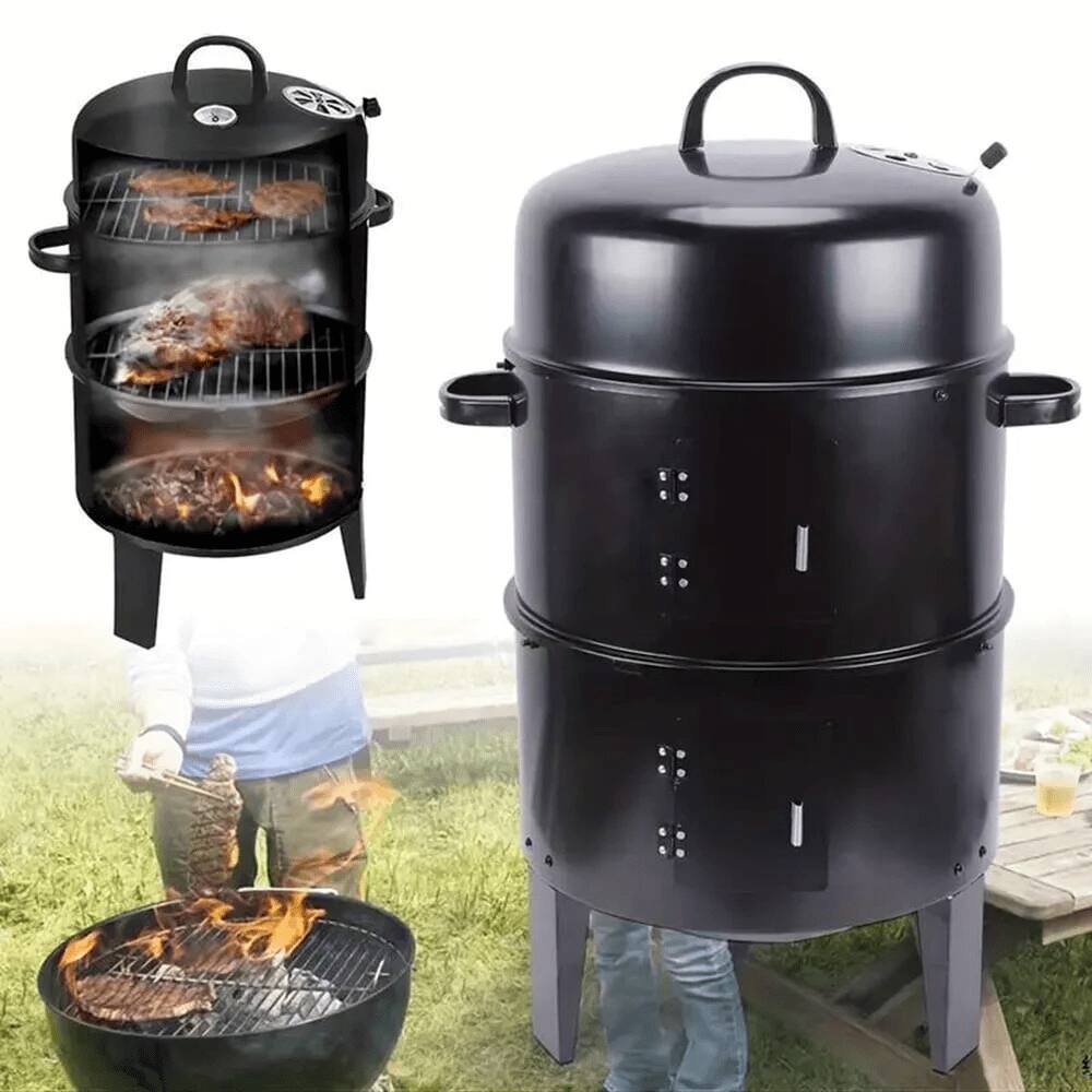 Angle. Topteng - 3-in-1 Vertical Charcoal Smoker&Grill-Portable,2-Tier Cooking Rack,Built-in Thermometer,Detachable for Transport&Storage - Silver.