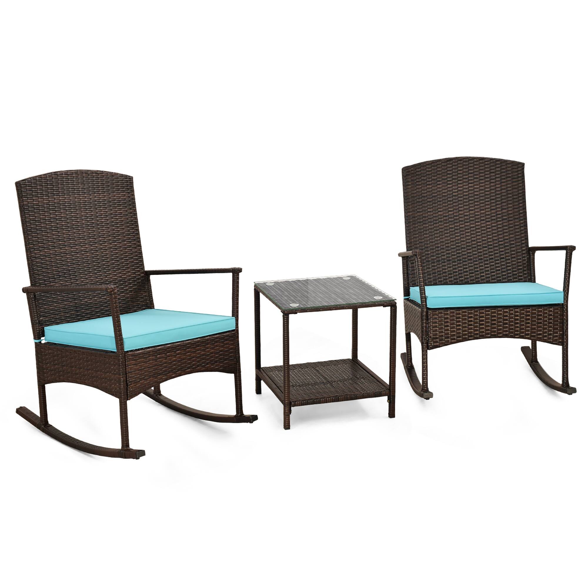 Alt View 7. Gymax - Gymax 3 Pieces Rocking Wicker Bistro Set Outdoor Front Porch Rocker Chairs Conversation Set Turquoise - Turquoise, Mix Brown.