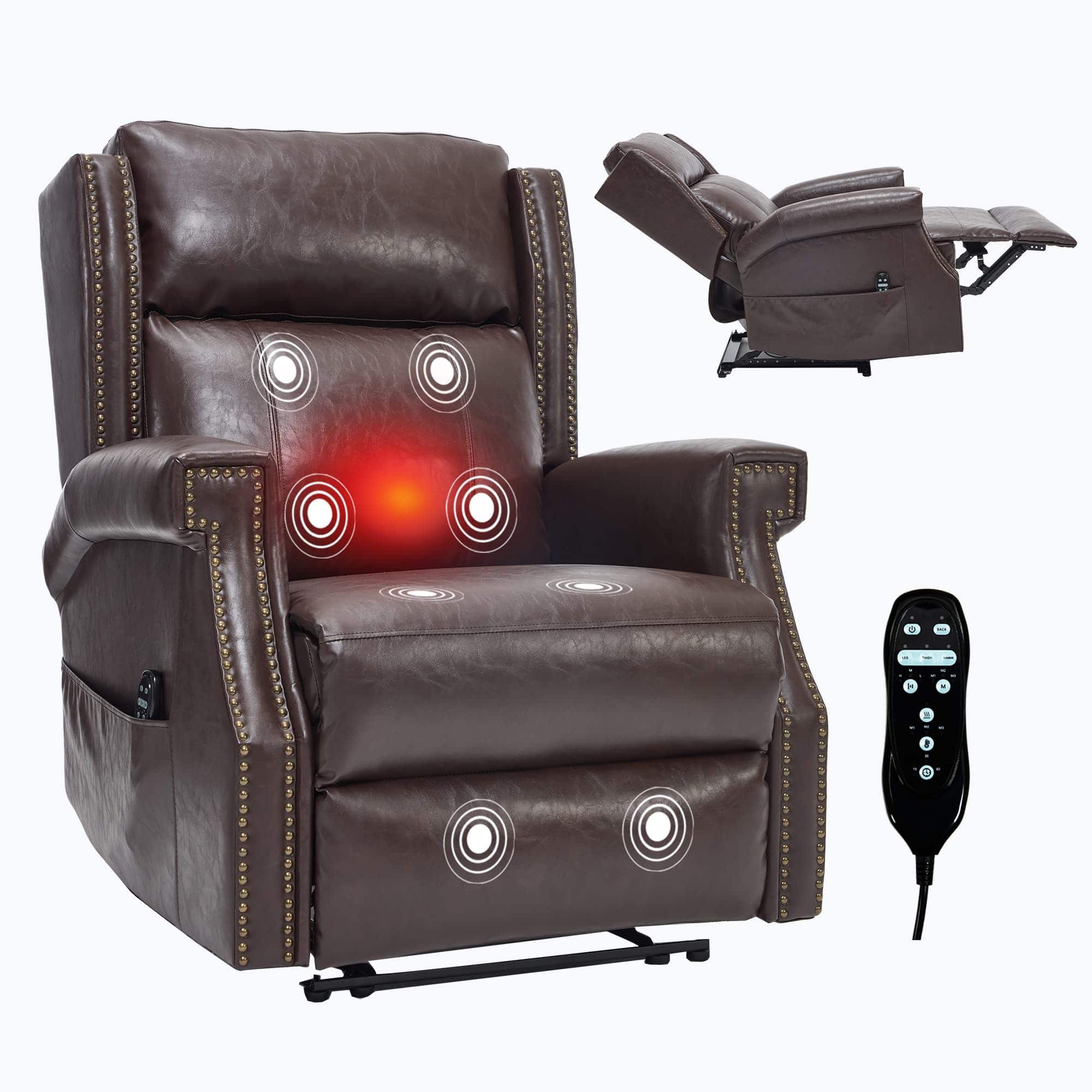 Lycvki - Manual Faux Leather Recliner Chair with 8 Vibrating Nodes 3 Massage Modes Heavy Duty for Living Room - Antique brown